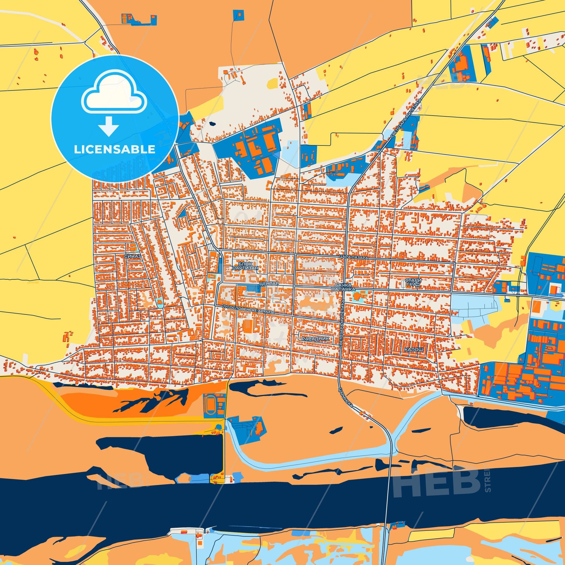 Colorful Bačka Palanka Street Map with Labels and Buildings