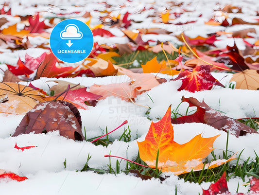 Colorful autumn leaves on snow, vibrant painting, art, background, nature, landscape, vibrant colors