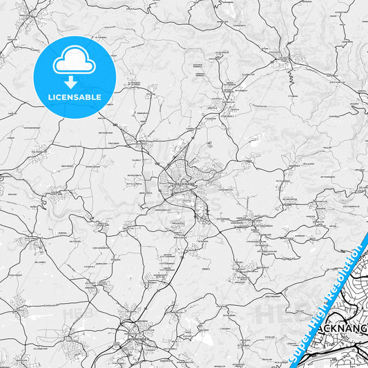 Backnang, Germany light map with streetnames, citynames and districts