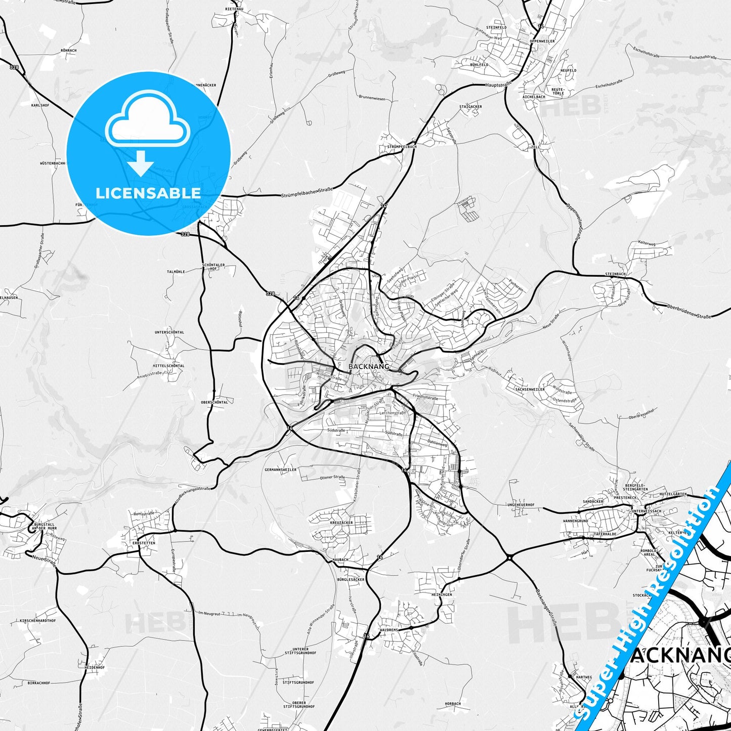 Backnang, Germany Light Map with Street Names, City Names, and Districts