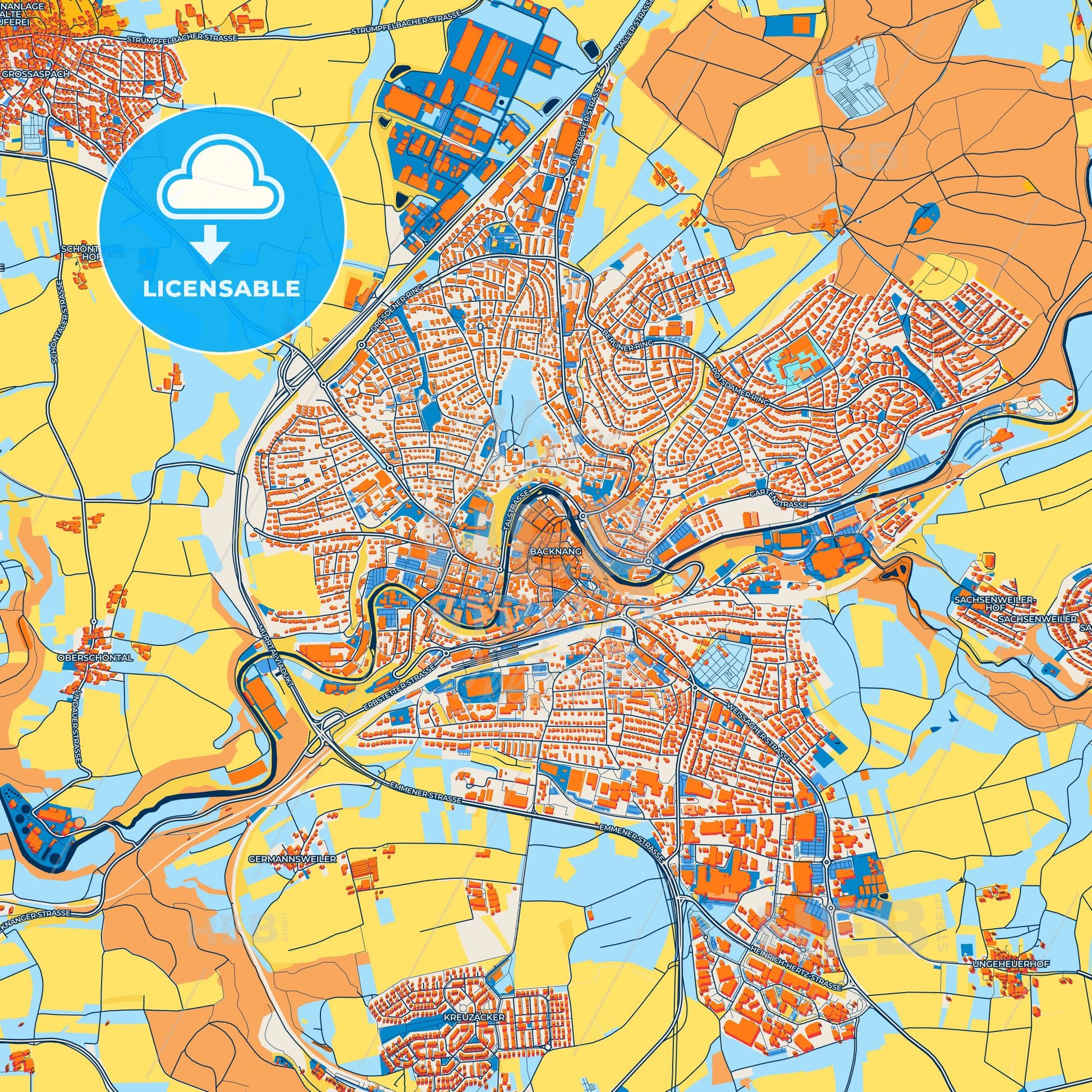 Colorful Backnang Street Map with Labels and Buildings