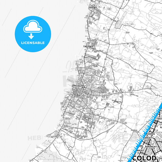Bacolod, Philippines light map with streetnames, citynames and districts