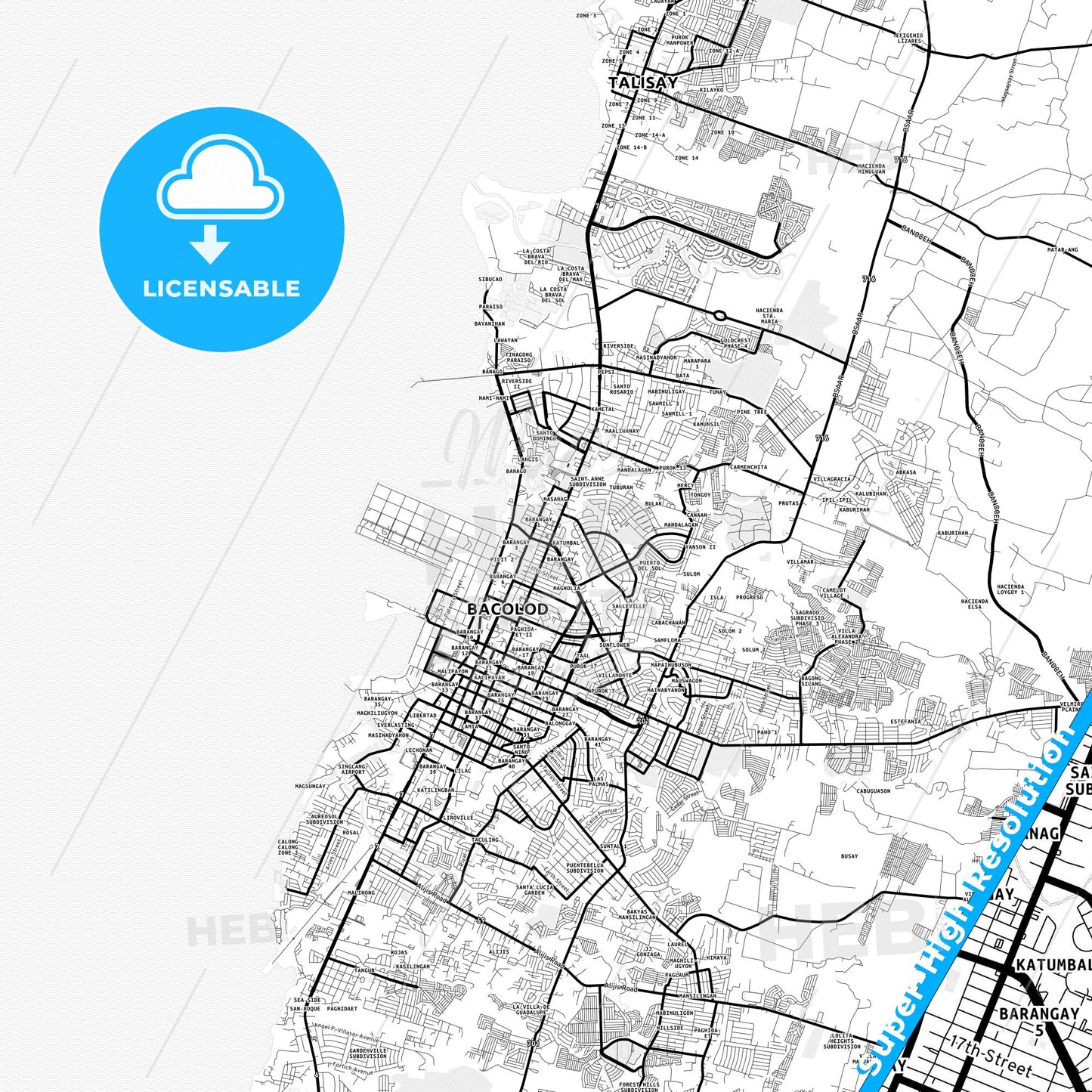 Bacolod, Philippines Light Map with Street Names, City Names, and Districts