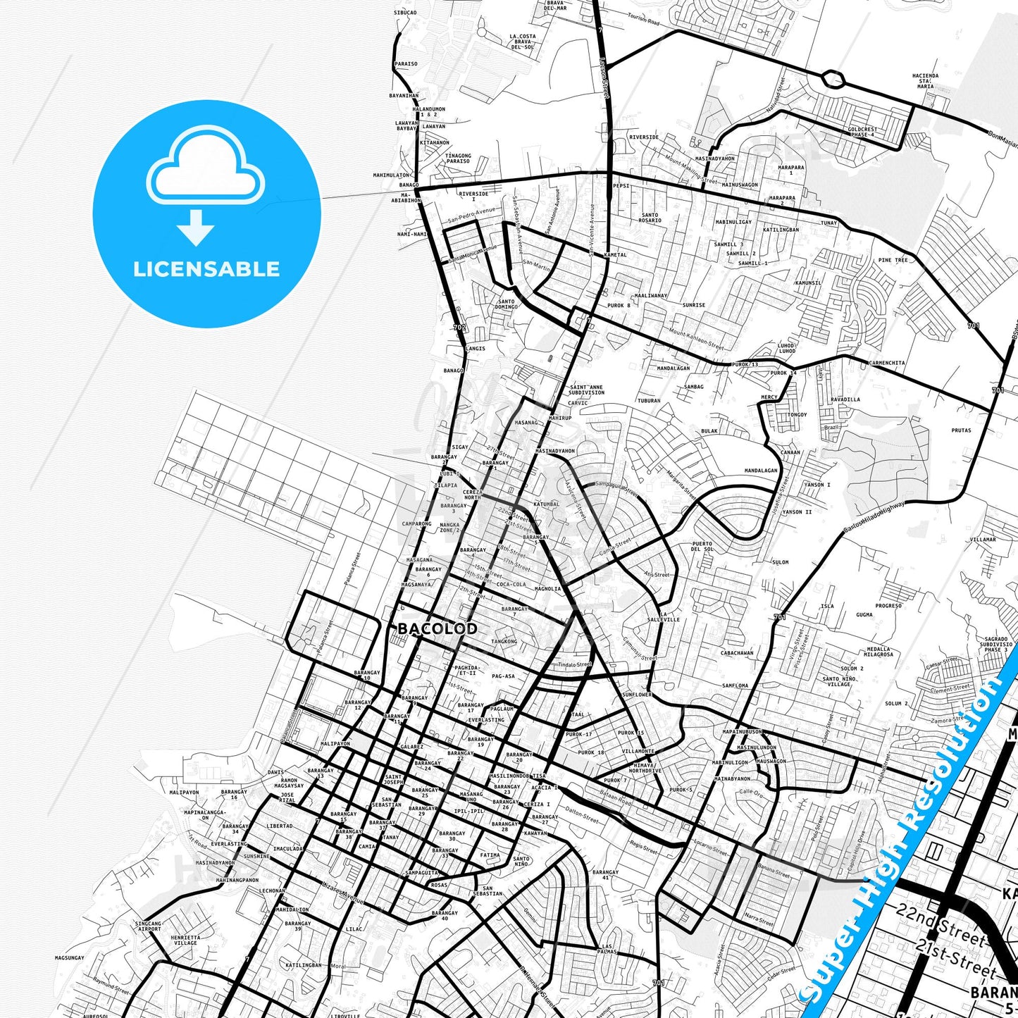 Bacolod, Philippines Light Map with Street Names, City Names, and Districts