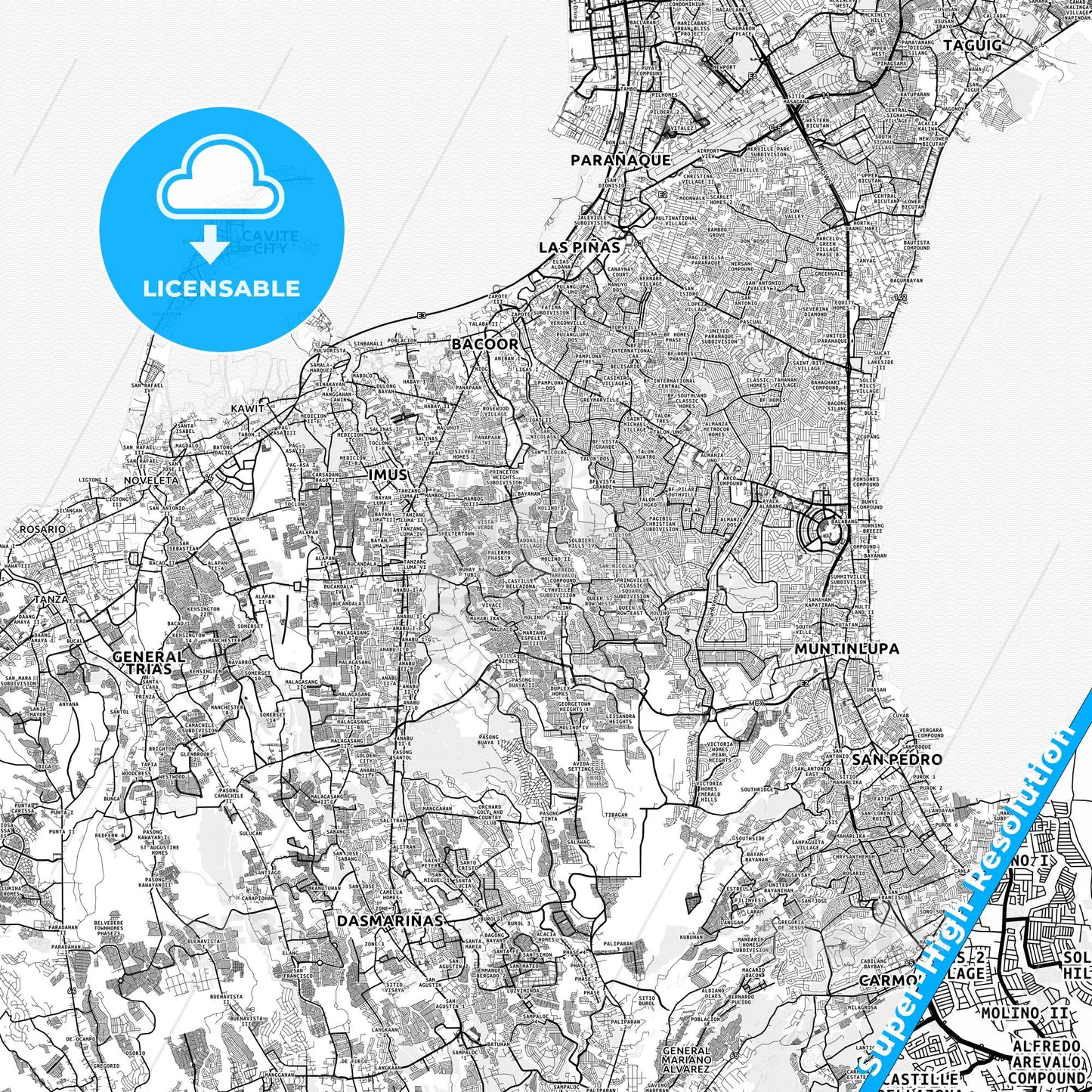 Bacoor, Philippines light map with streetnames, citynames and districts