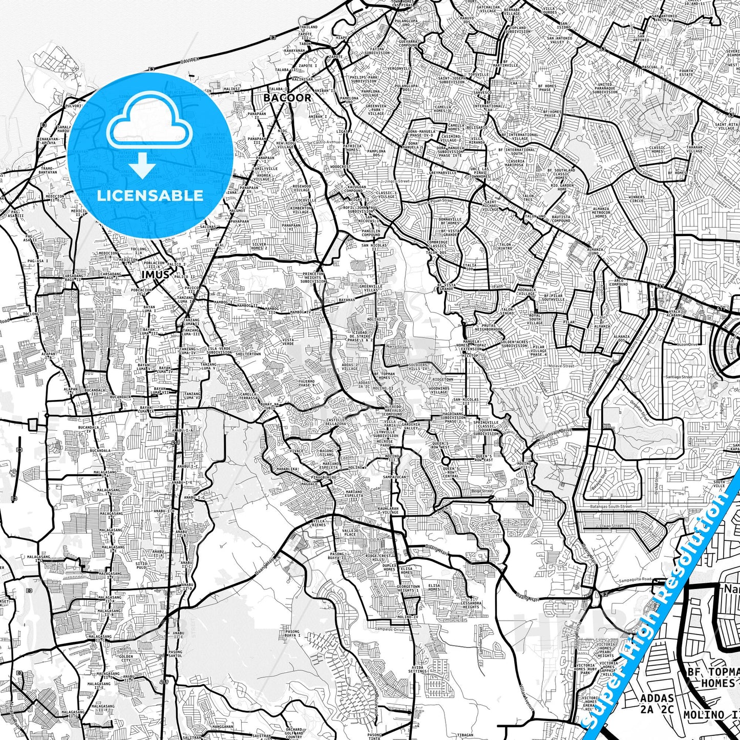 Bacoor, Philippines Light Map with Street Names, City Names, and Districts