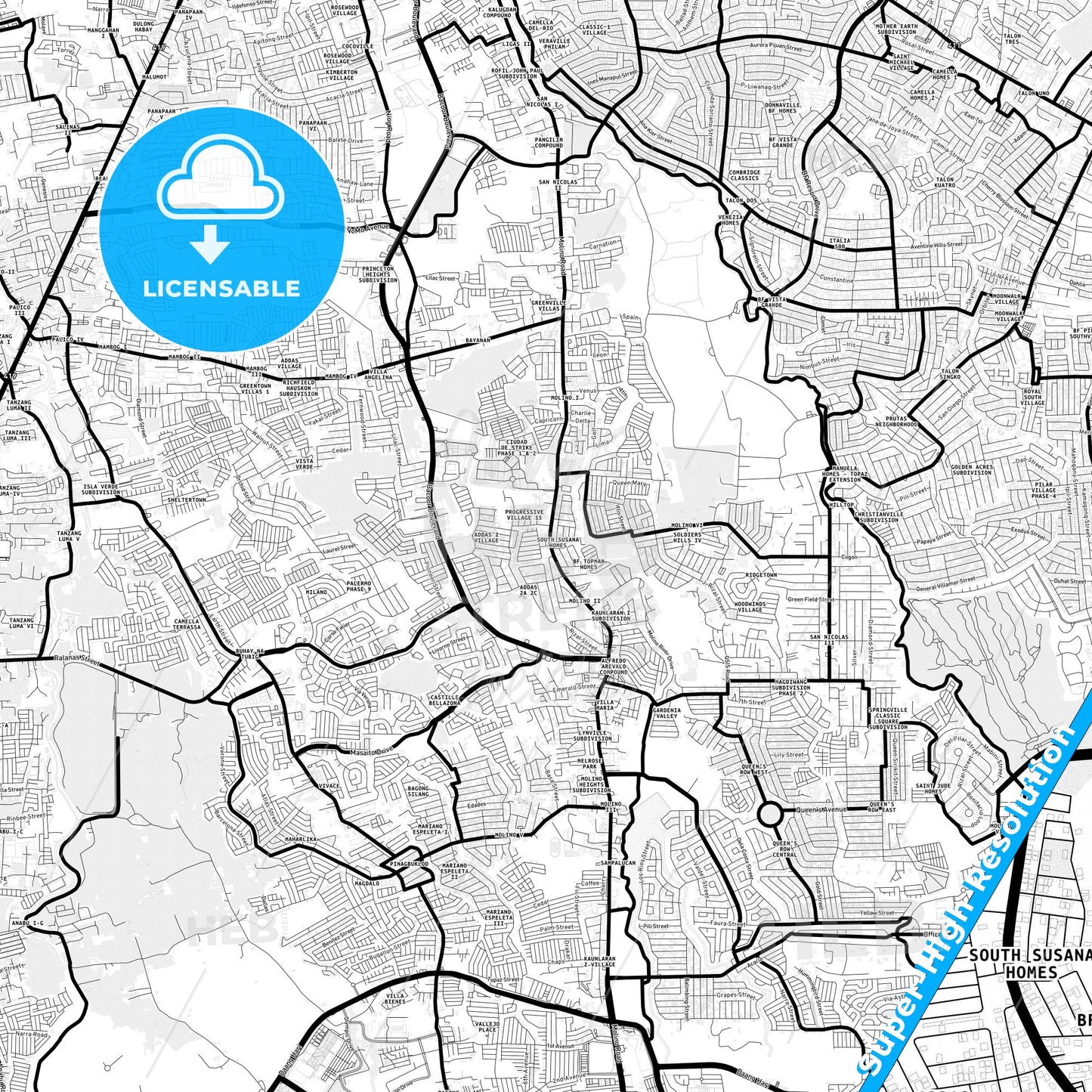 Bacoor, Philippines Light Map with Street Names, City Names, and Districts