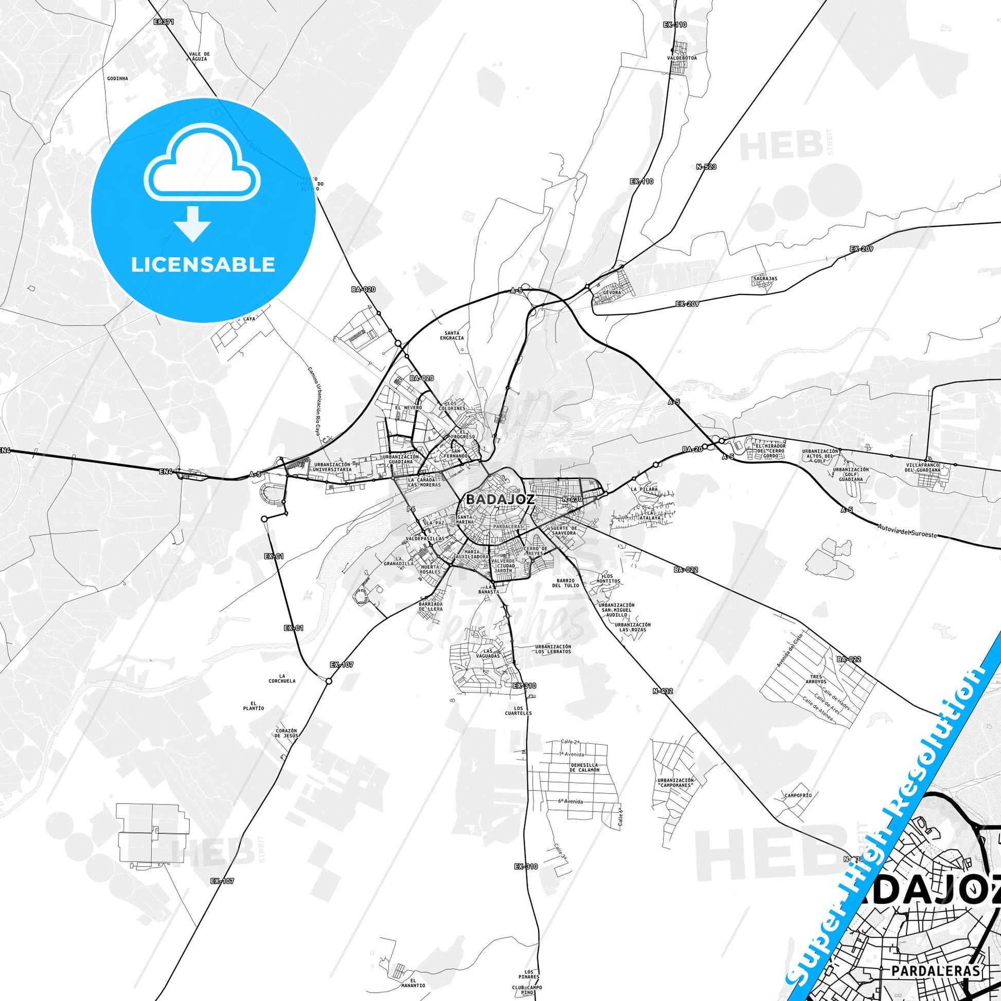 Badajoz, Spain light map with streetnames, citynames and districts