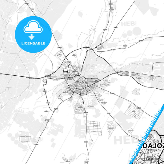 Badajoz, Spain light map with streetnames, citynames and districts