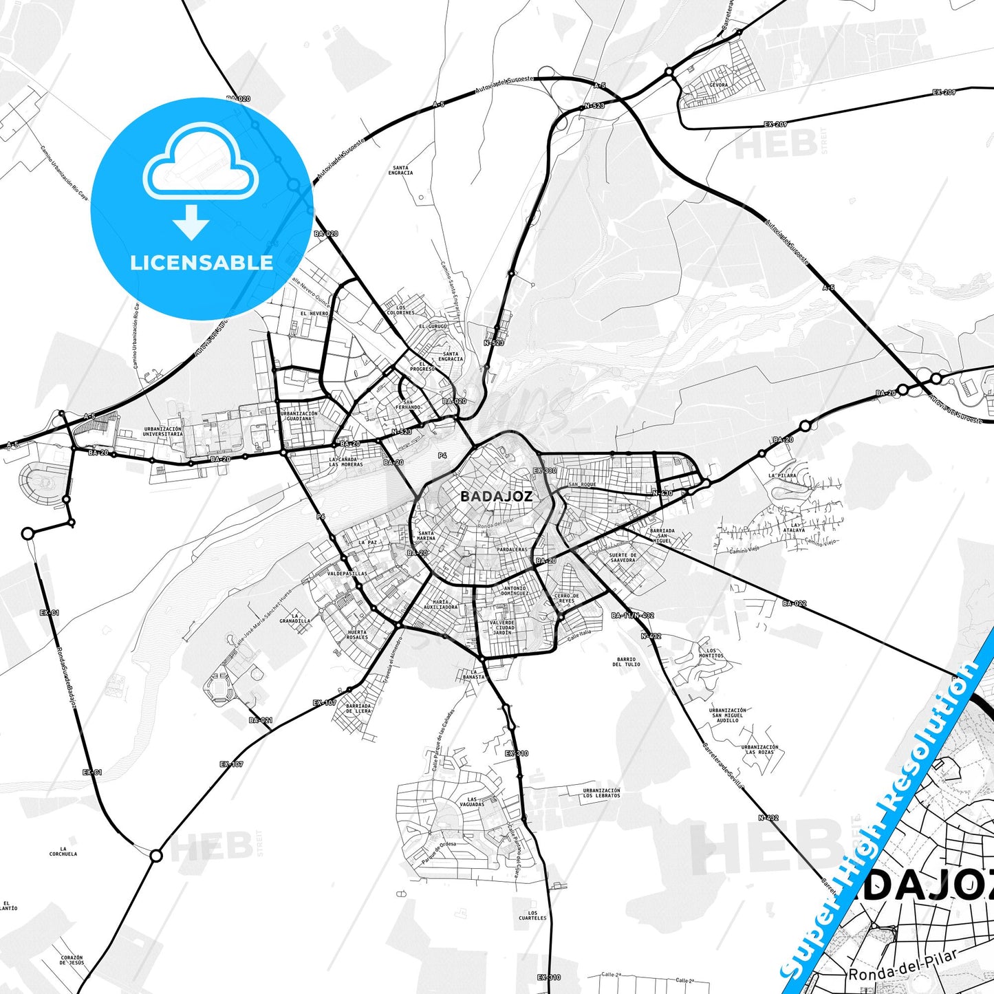 Badajoz, Spain Light Map with Street Names, City Names, and Districts