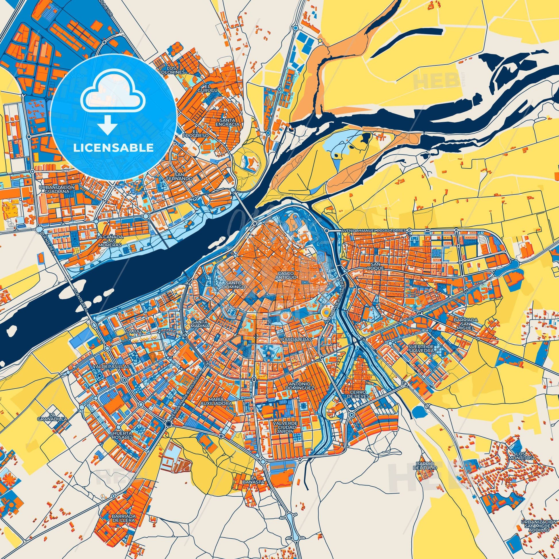 Colorful Badajoz Street Map with Labels and Buildings