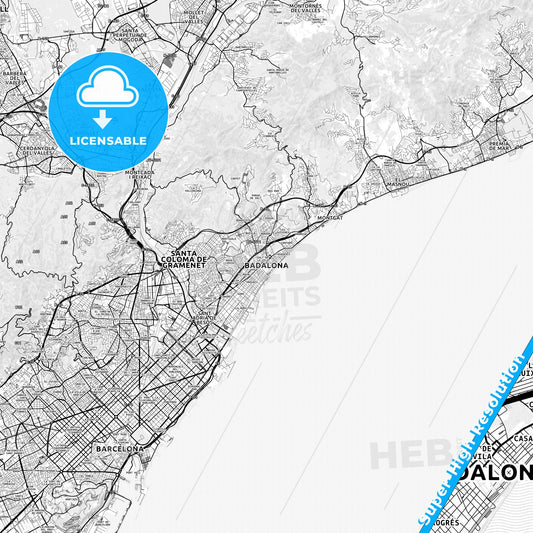 Badalona, Spain light map with streetnames, citynames and districts