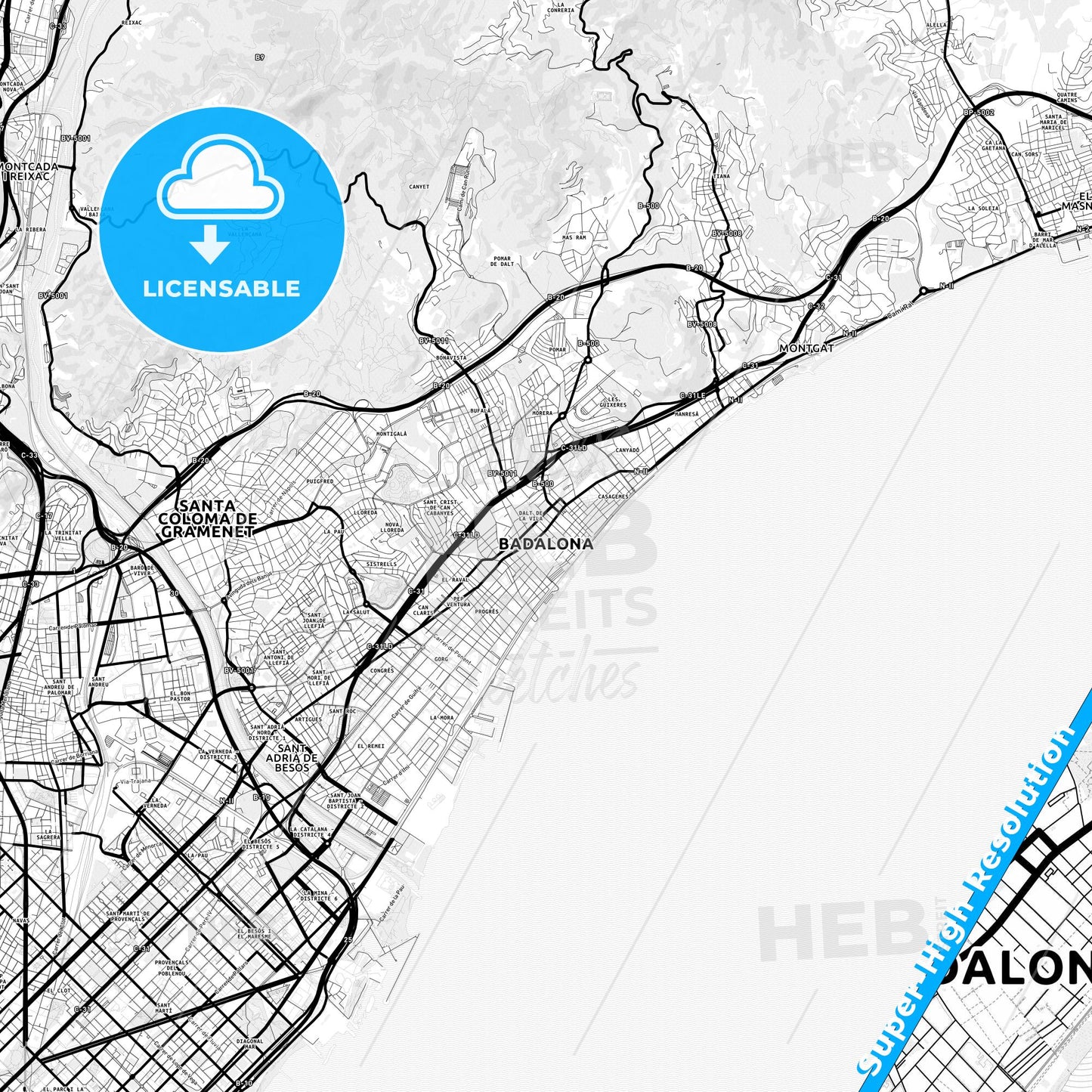 Badalona, Spain Light Map with Street Names, City Names, and Districts