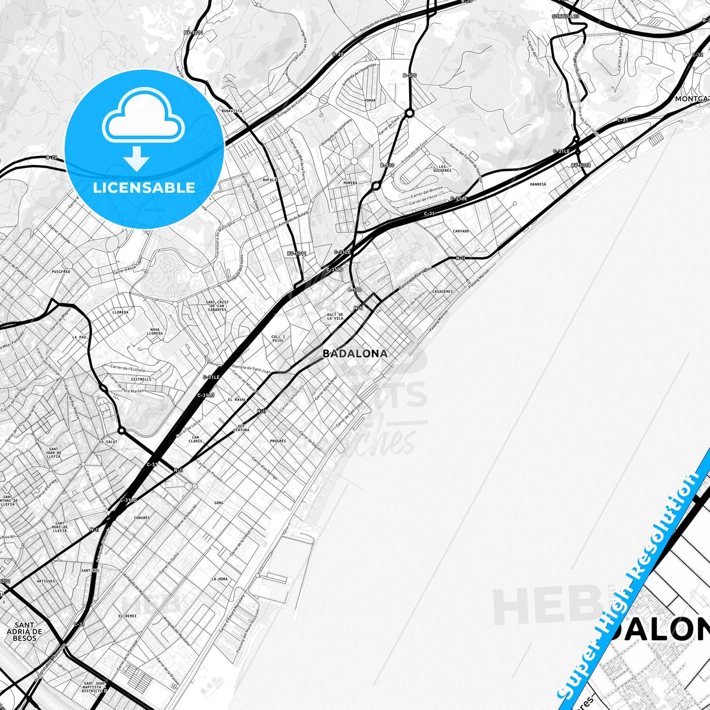 Badalona, Spain Light Map with Street Names, City Names, and Districts