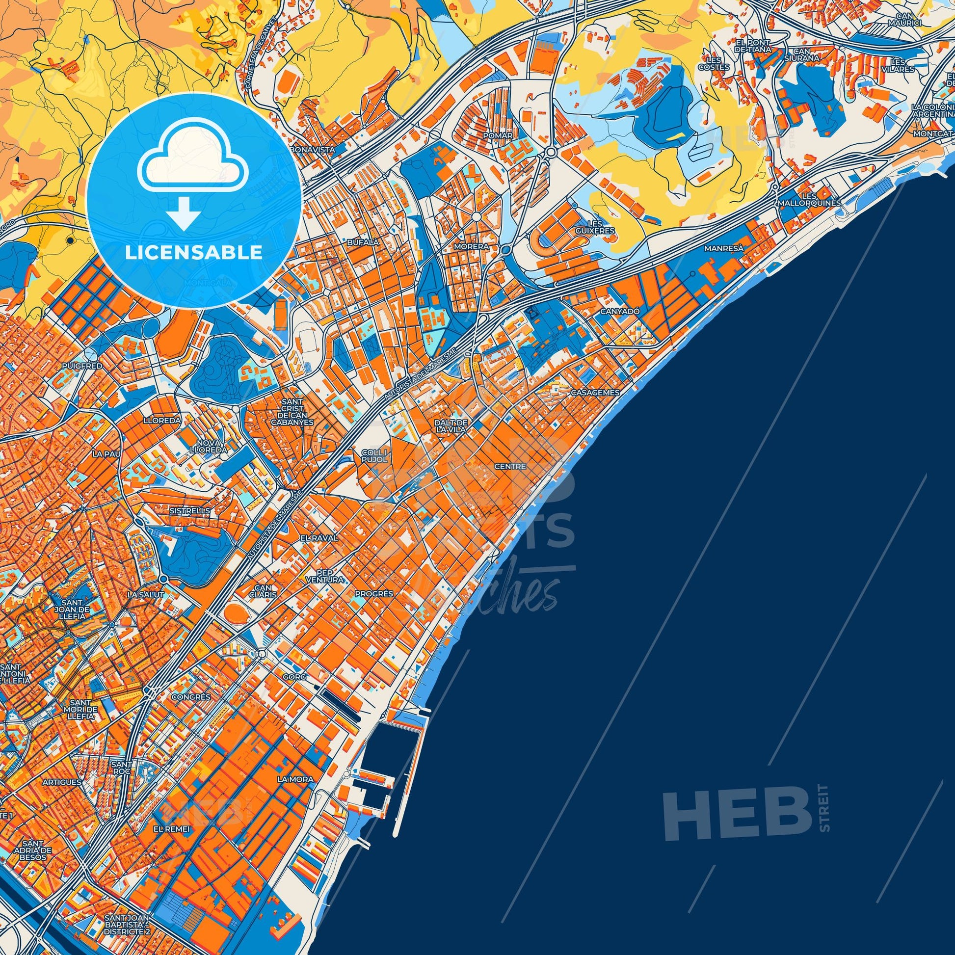 Colorful Badalona Street Map with Labels and Buildings