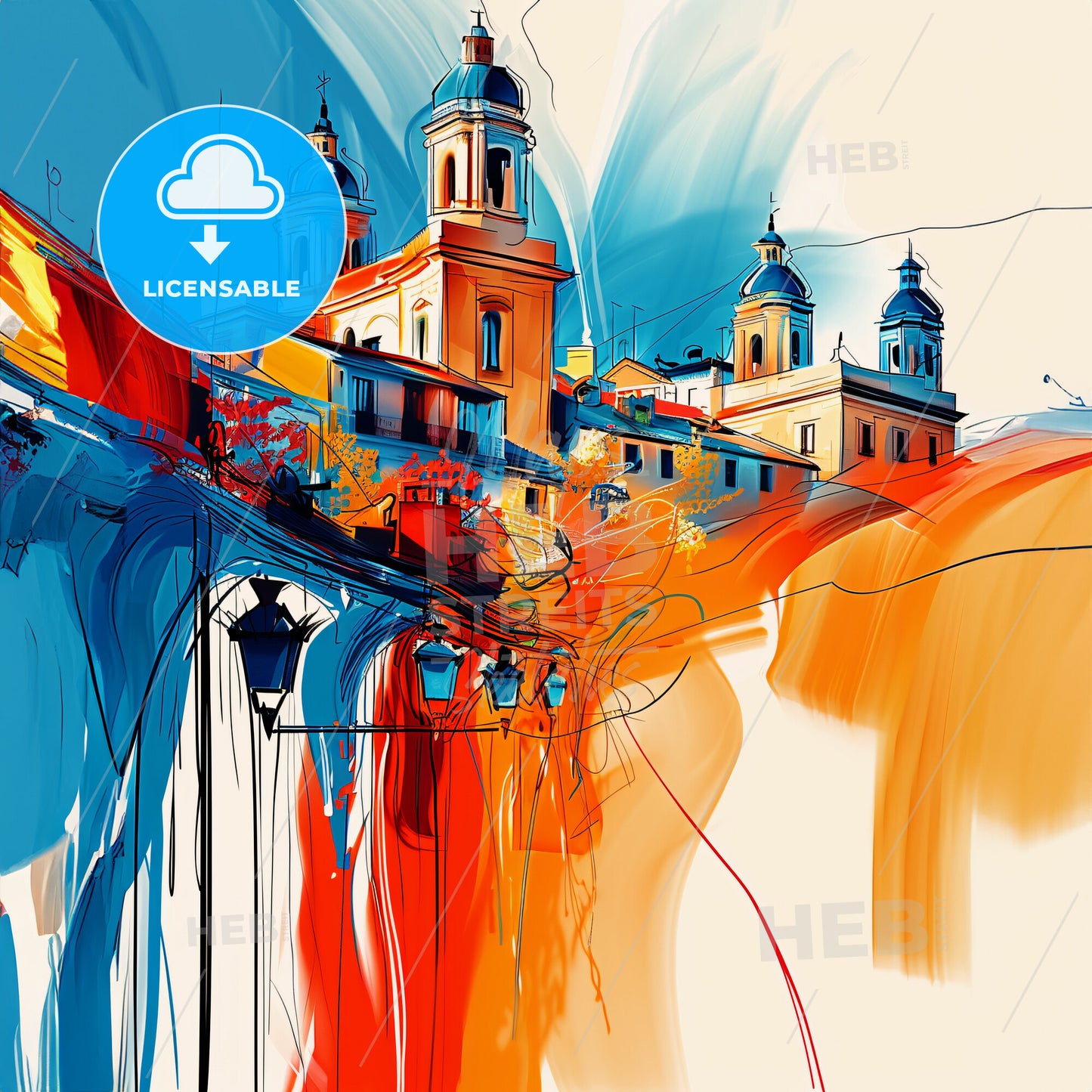 Vibrant Badalona, Spain - A Painting Of A Building With Blue And Orange Paint