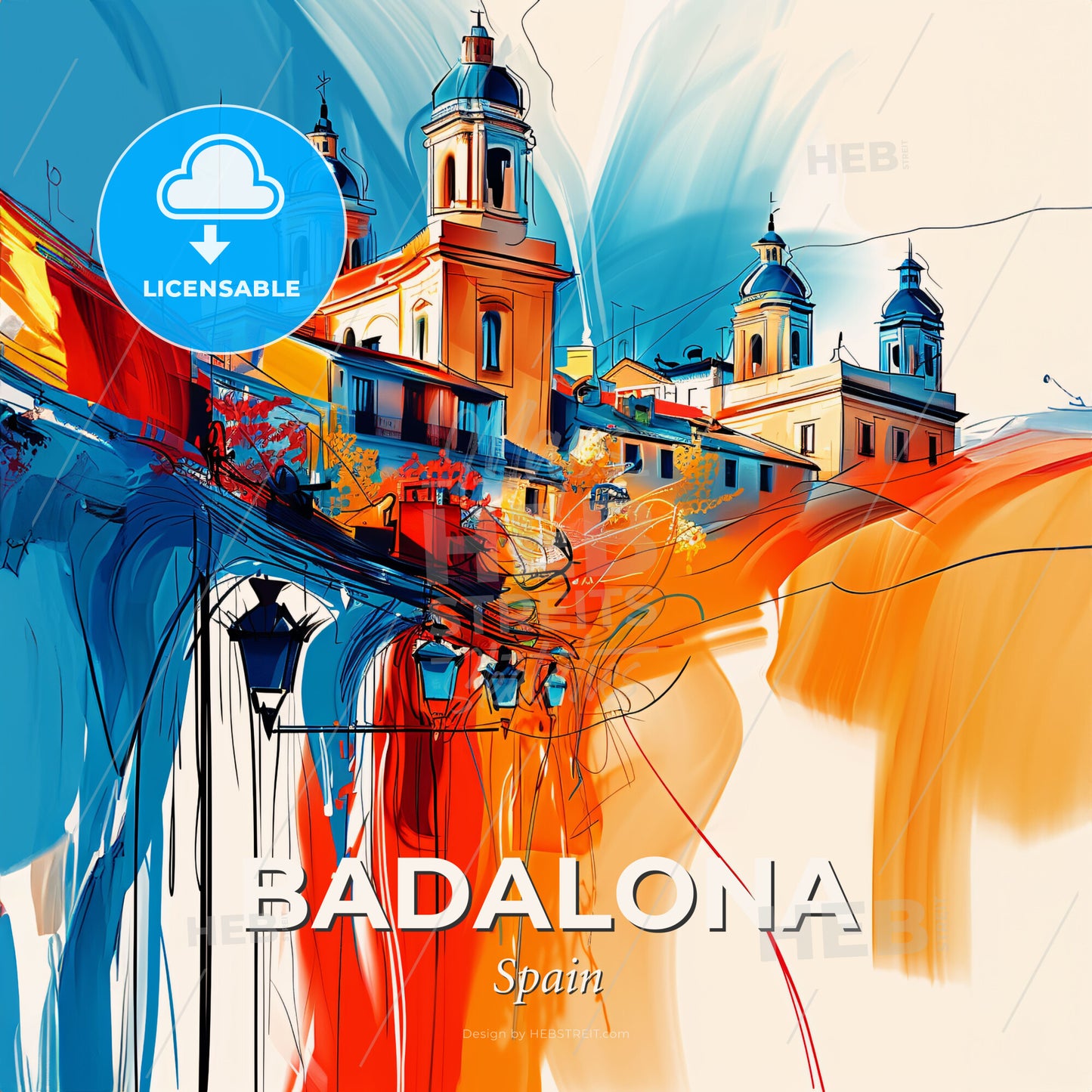 Vibrant Badalona, Spain - A Painting Of A Building With Blue And Orange Paint - Square format print template