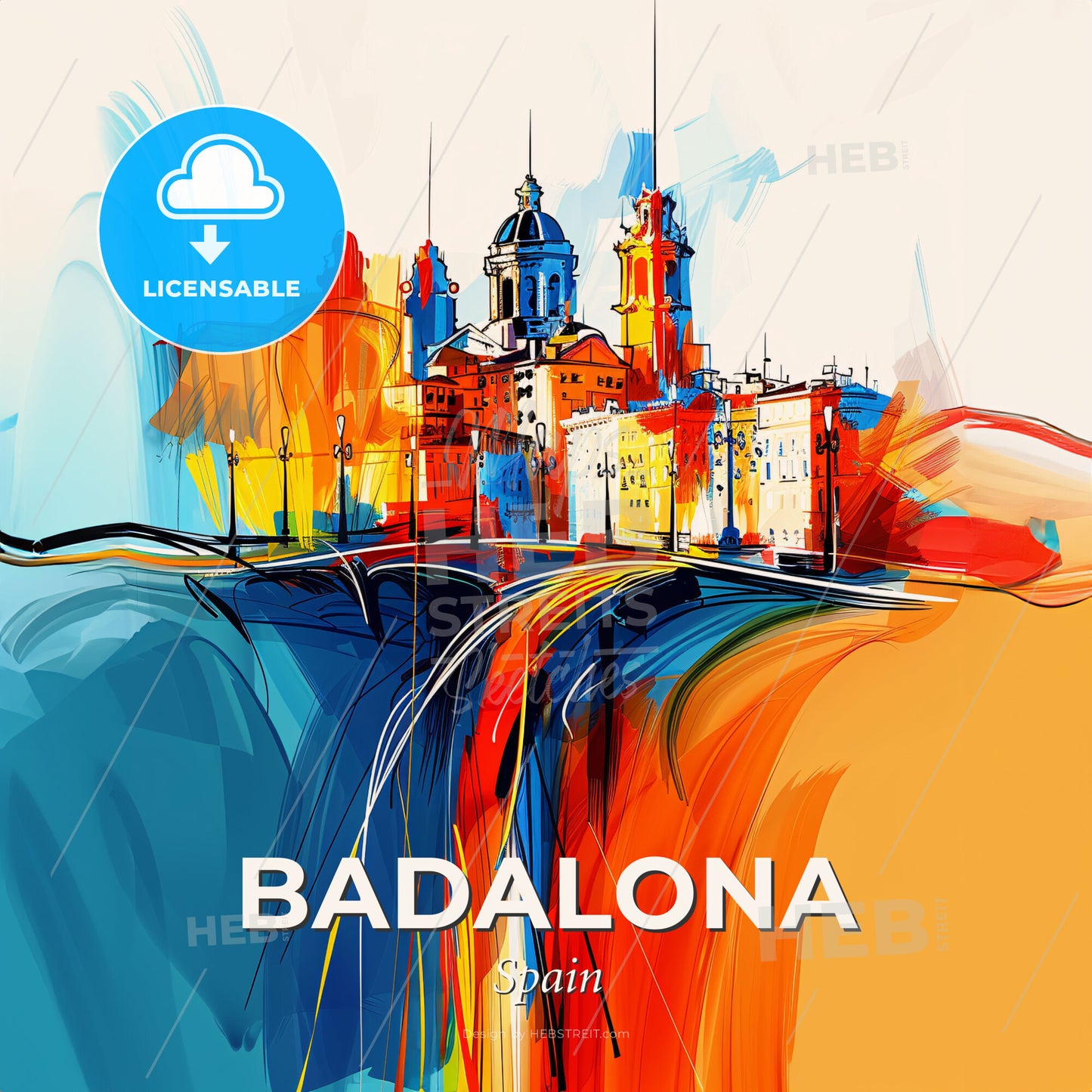 Vibrant Badalona, Spain - A Colorful Cityscape With Buildings And A Bridge - Square format print template