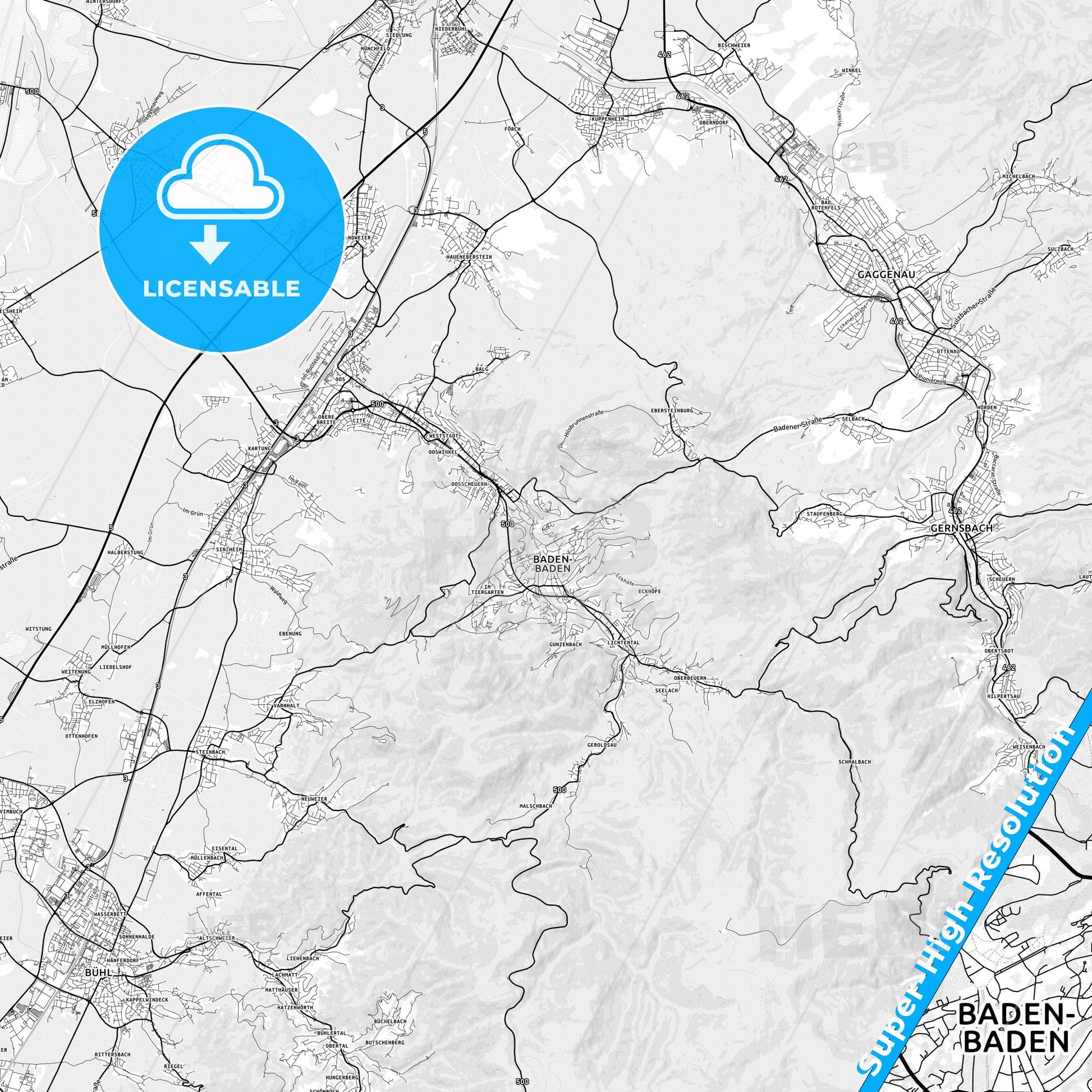 Baden-Baden, Germany light map with streetnames, citynames and districts