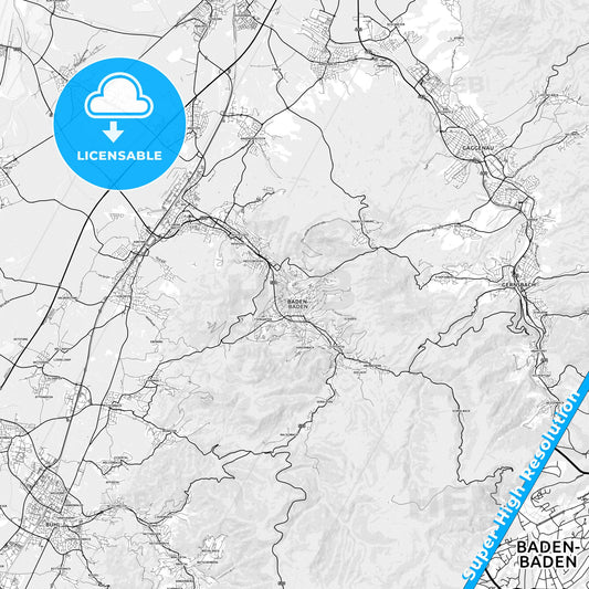 Baden-Baden, Germany light map with streetnames, citynames and districts