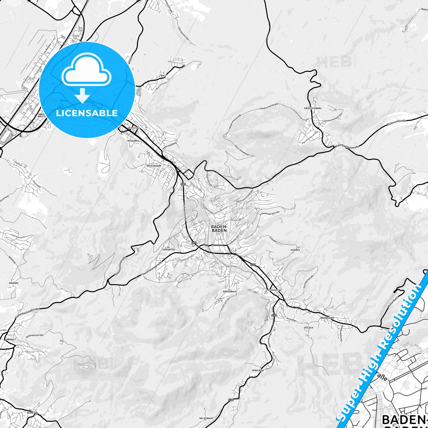 Baden-Baden, Germany Light Map with Street Names, City Names, and Districts