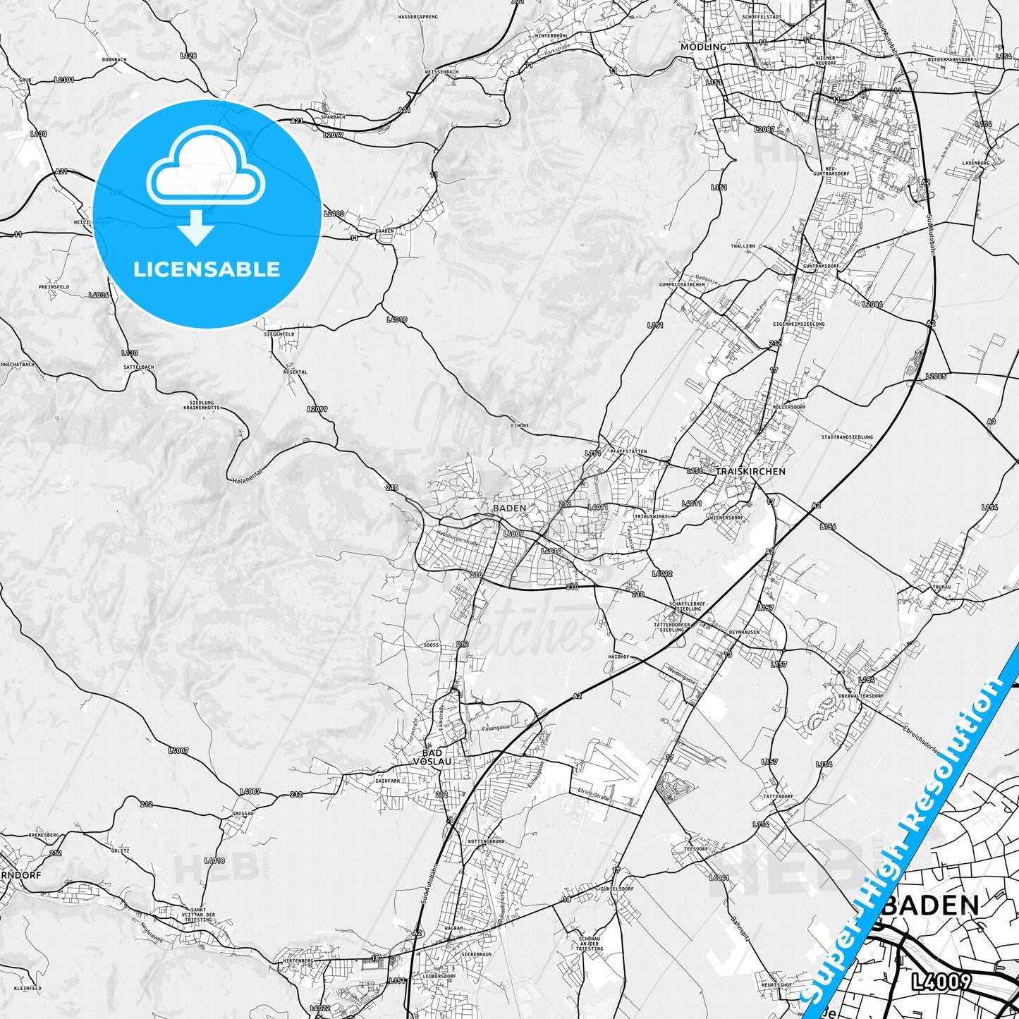 Baden bei Wien, Austria light map with streetnames, citynames and districts