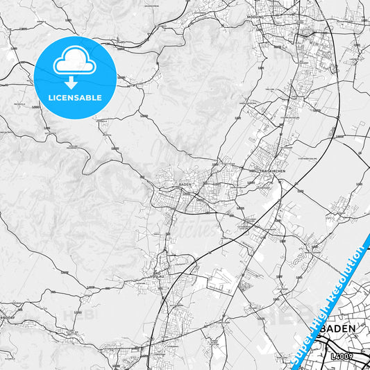 Baden bei Wien, Austria light map with streetnames, citynames and districts