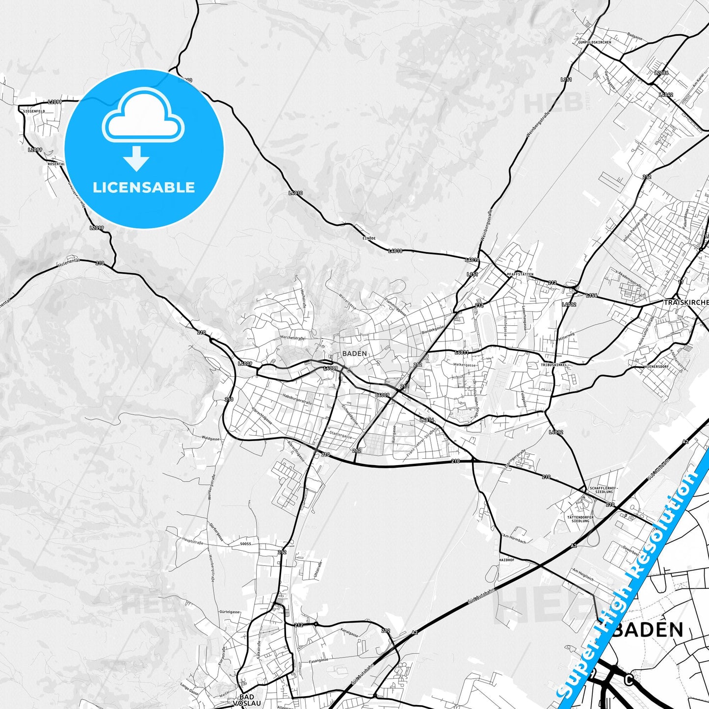 Baden bei Wien, Austria Light Map with Street Names, City Names, and Districts