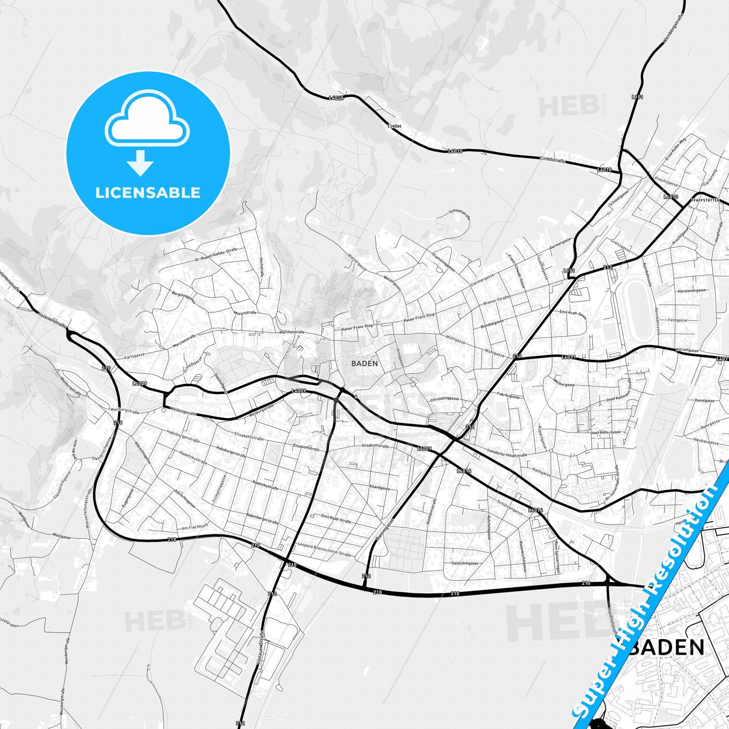 Baden bei Wien, Austria Light Map with Street Names, City Names, and Districts