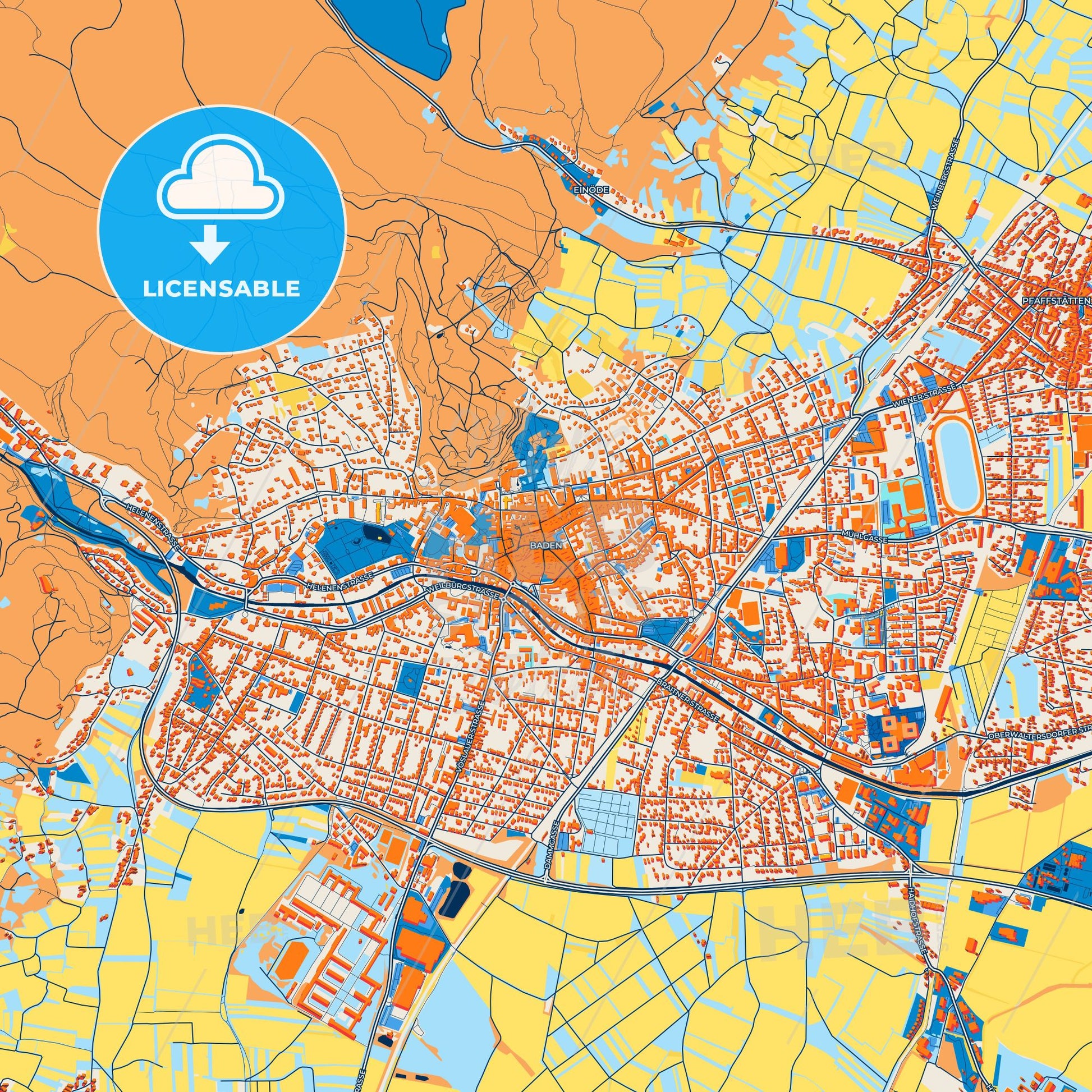 Colorful Baden bei Wien Street Map with Labels and Buildings