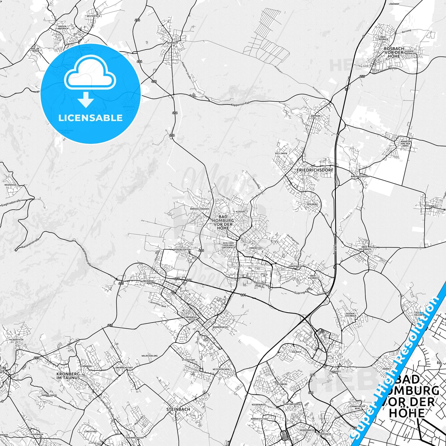 Bad Homburg vor der Hohe, Germany light map with streetnames, citynames and districts