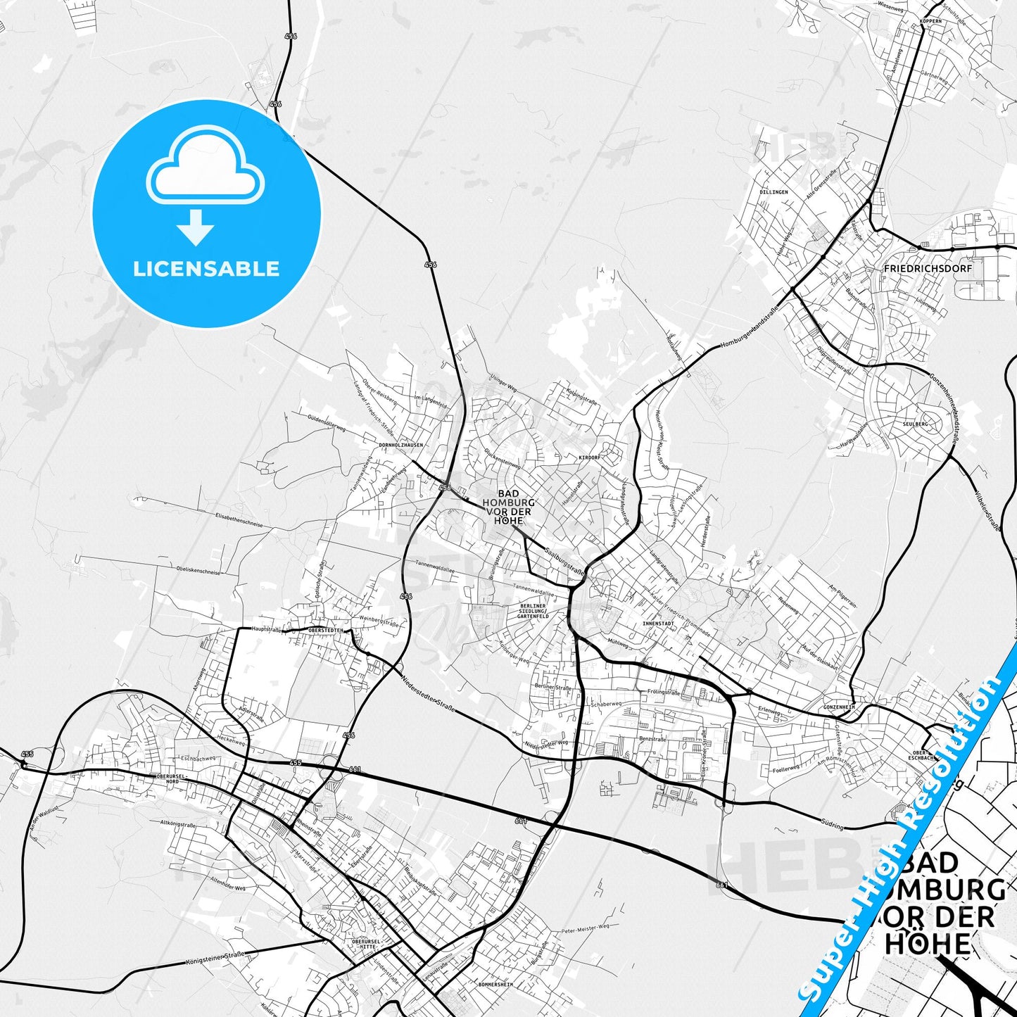 Bad Homburg vor der Hohe, Germany Light Map with Street Names, City Names, and Districts