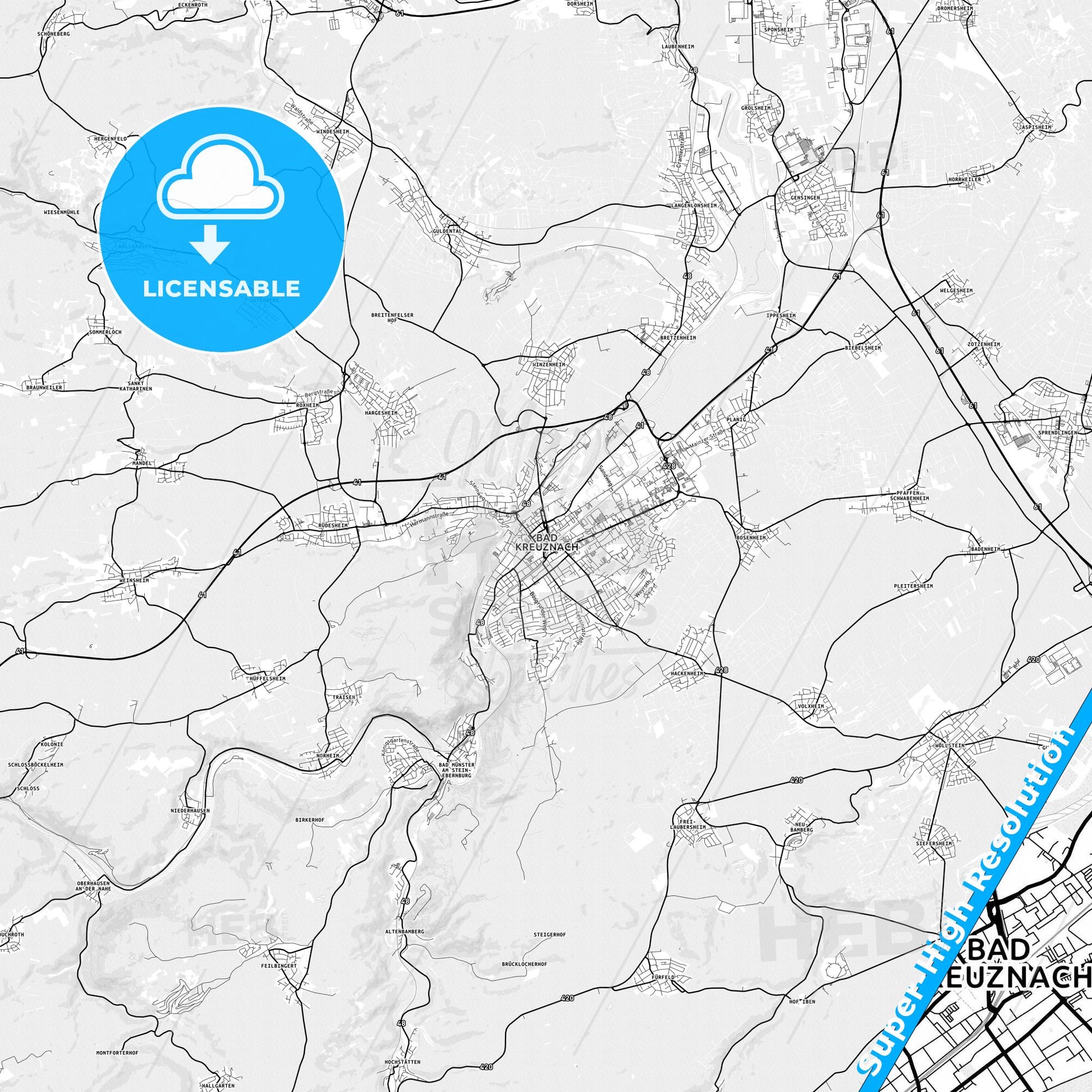 Bad Kreuznach, Germany light map with streetnames, citynames and districts