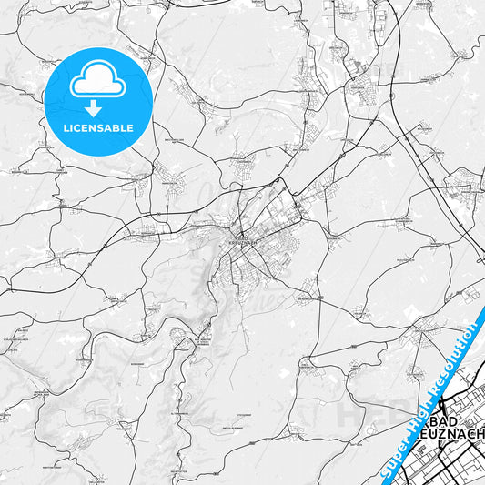 Bad Kreuznach, Germany light map with streetnames, citynames and districts
