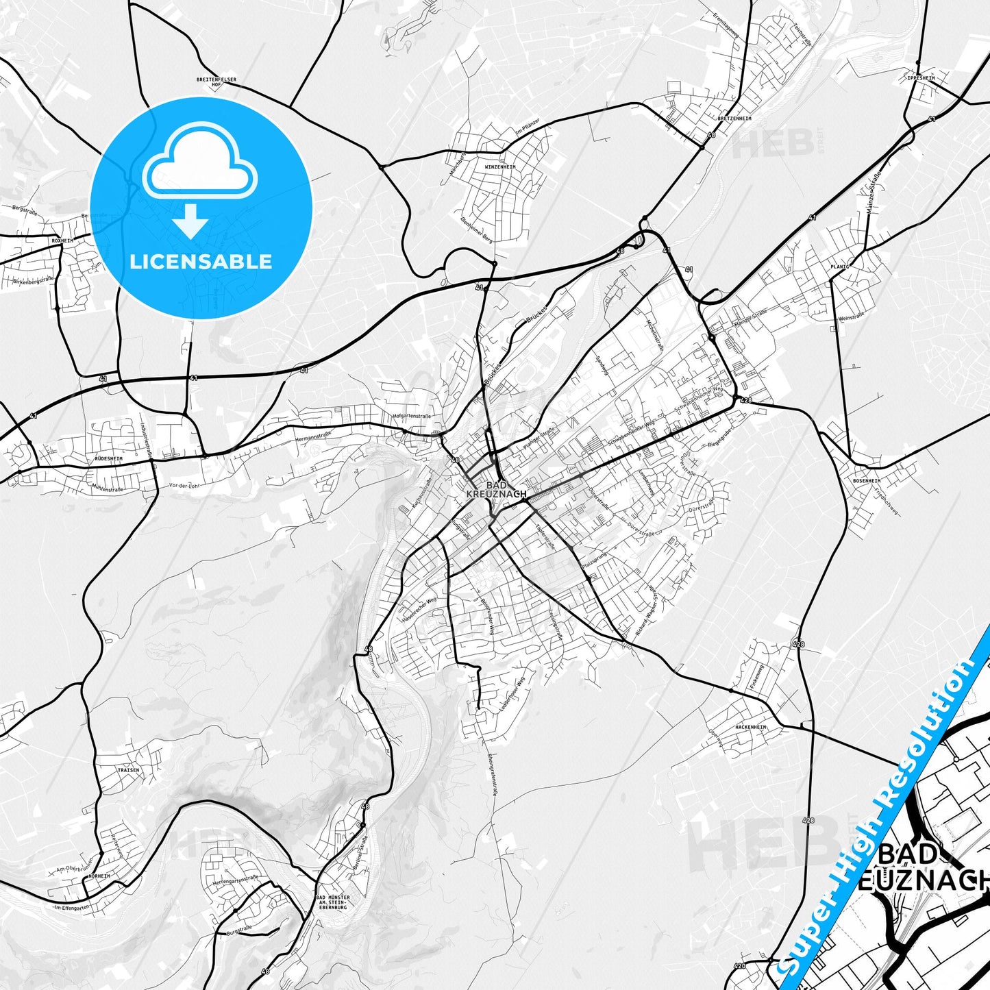 Bad Kreuznach, Germany Light Map with Street Names, City Names, and Districts