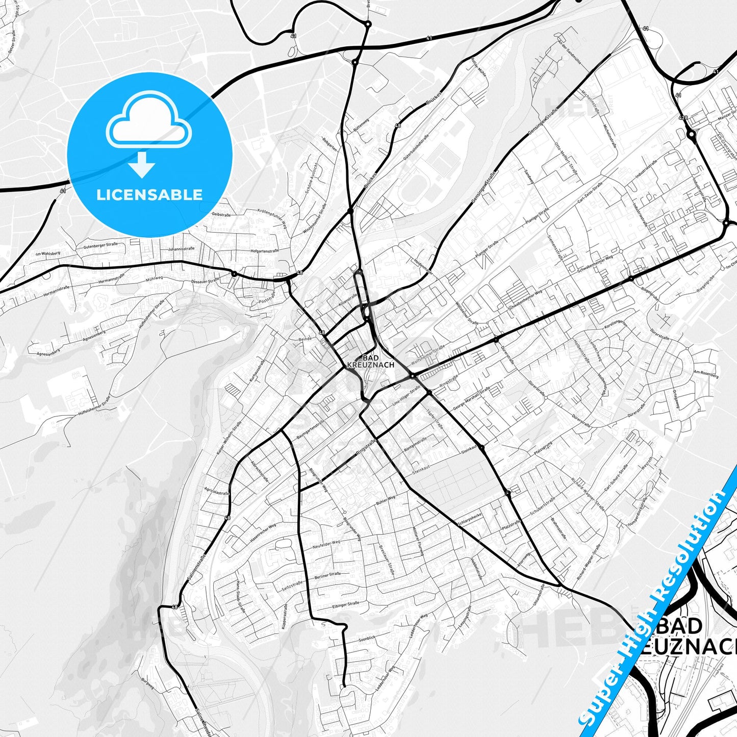 Bad Kreuznach, Germany Light Map with Street Names, City Names, and Districts