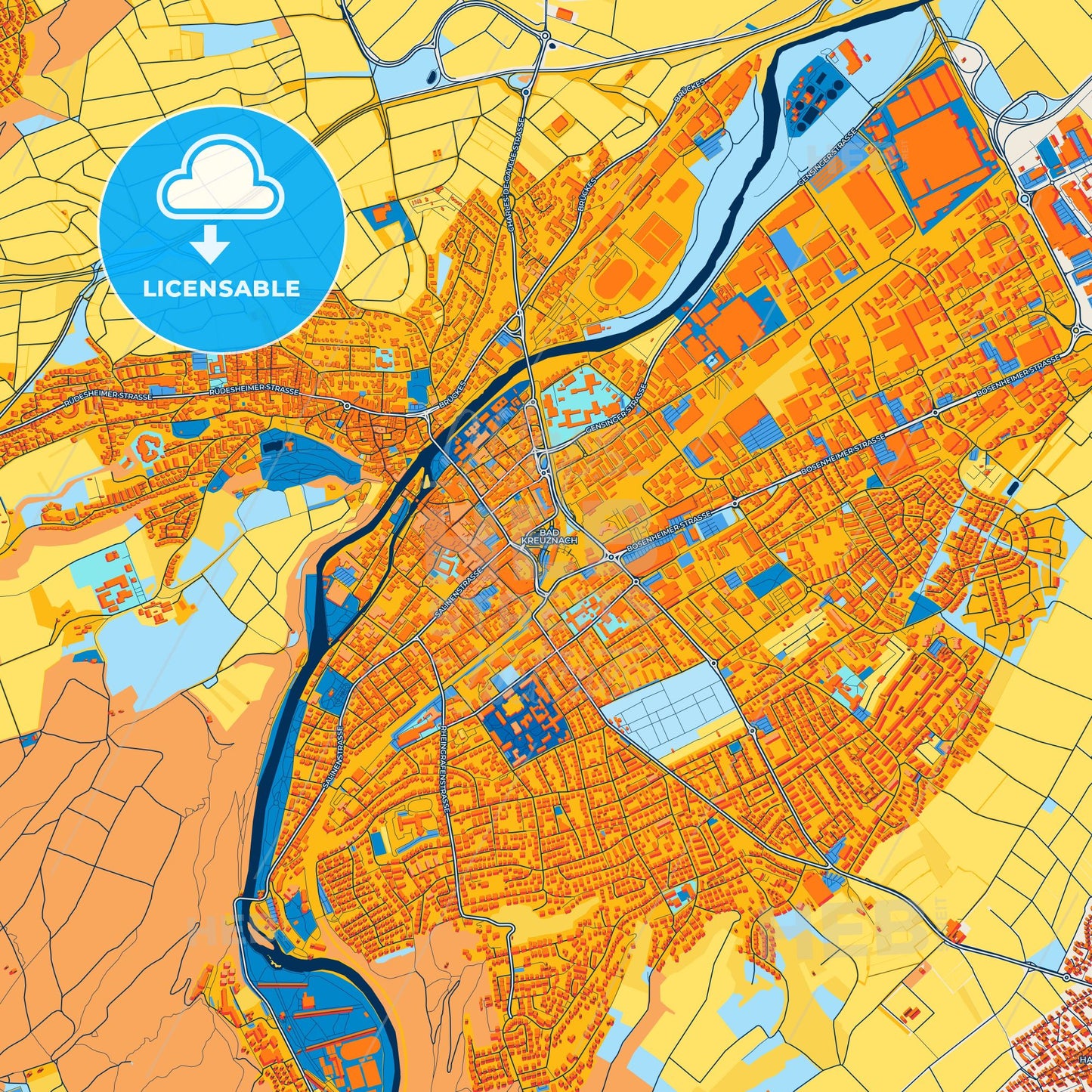 Colorful Bad Kreuznach Street Map with Labels and Buildings