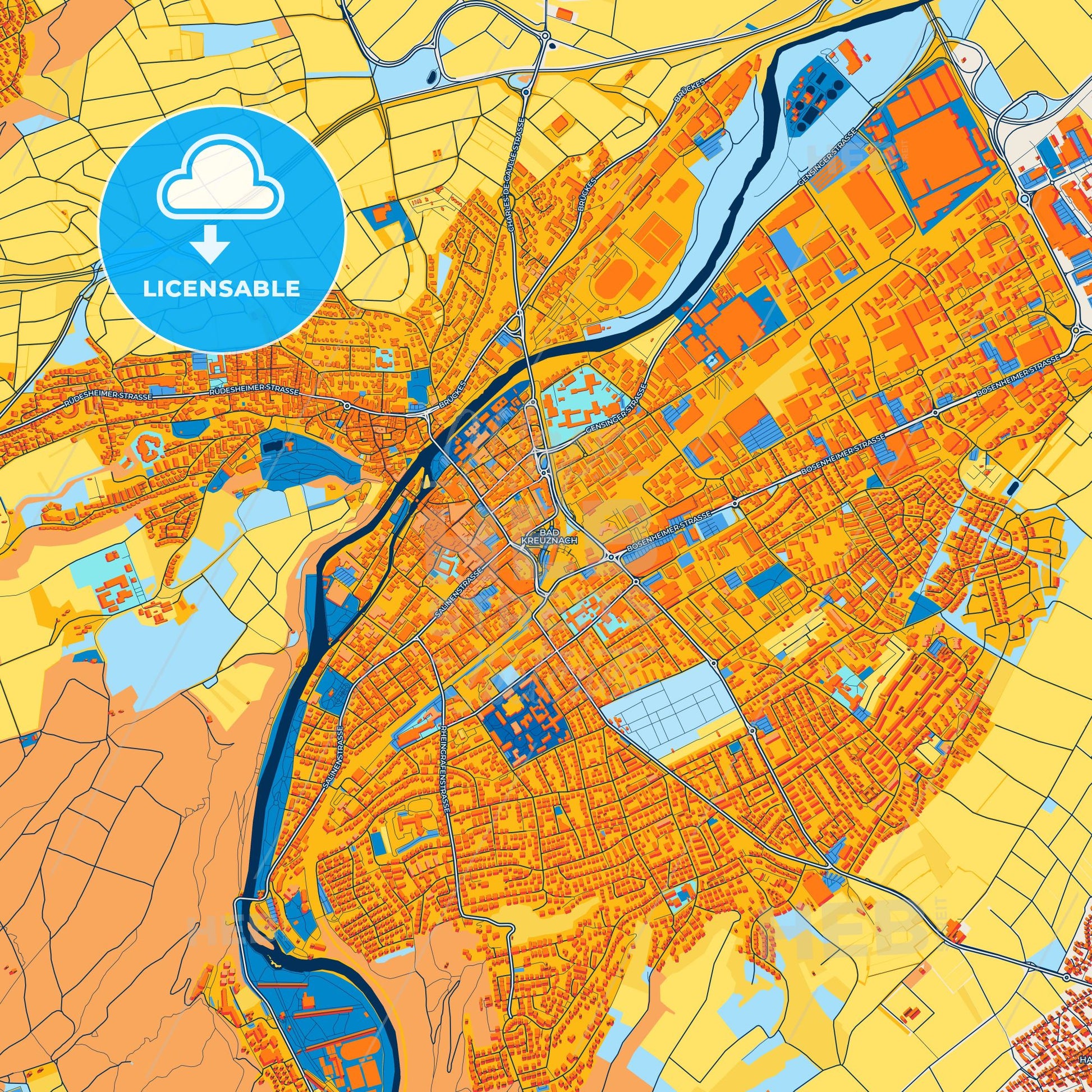 Colorful Bad Kreuznach Street Map with Labels and Buildings