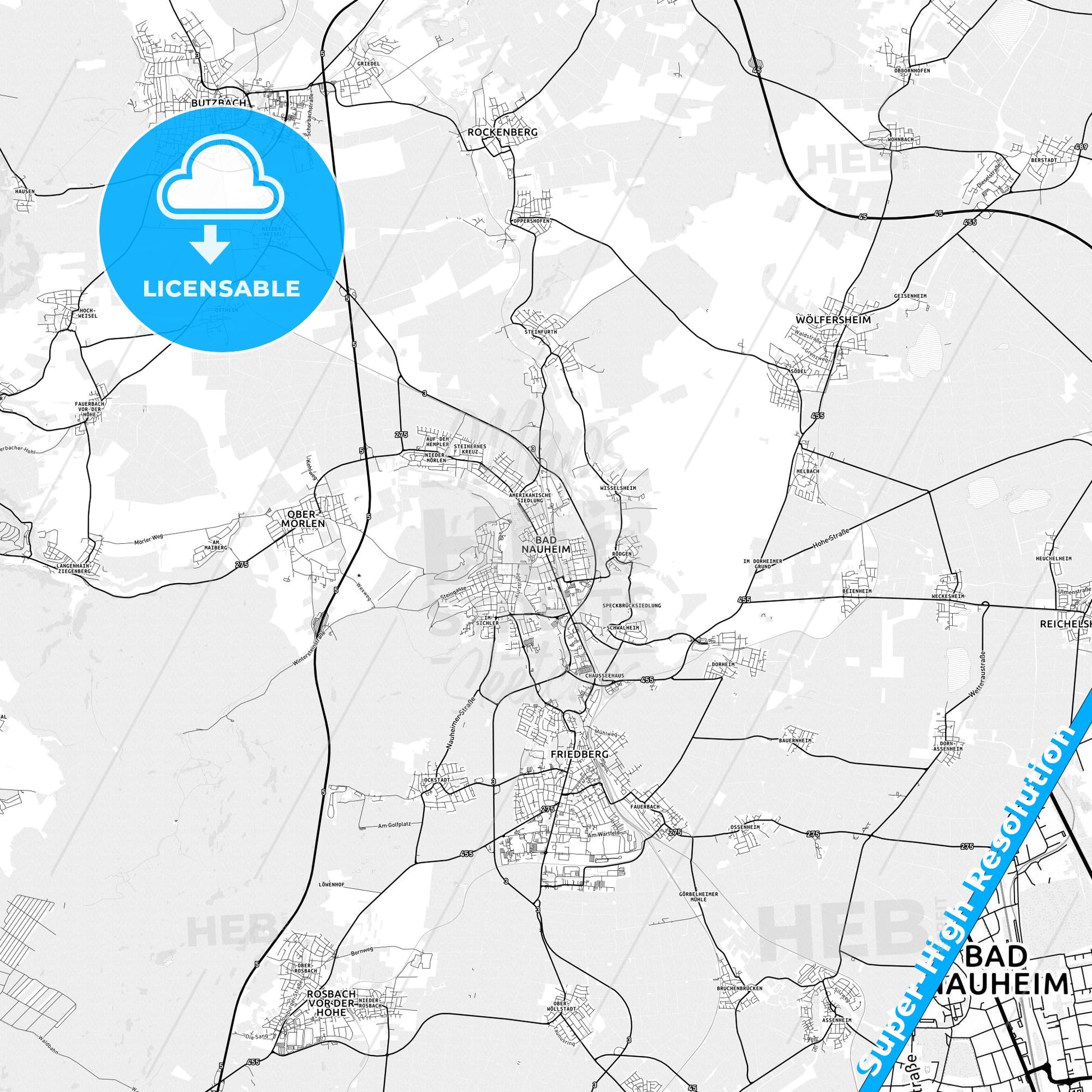 Bad Nauheim, Germany light map with streetnames, citynames and districts