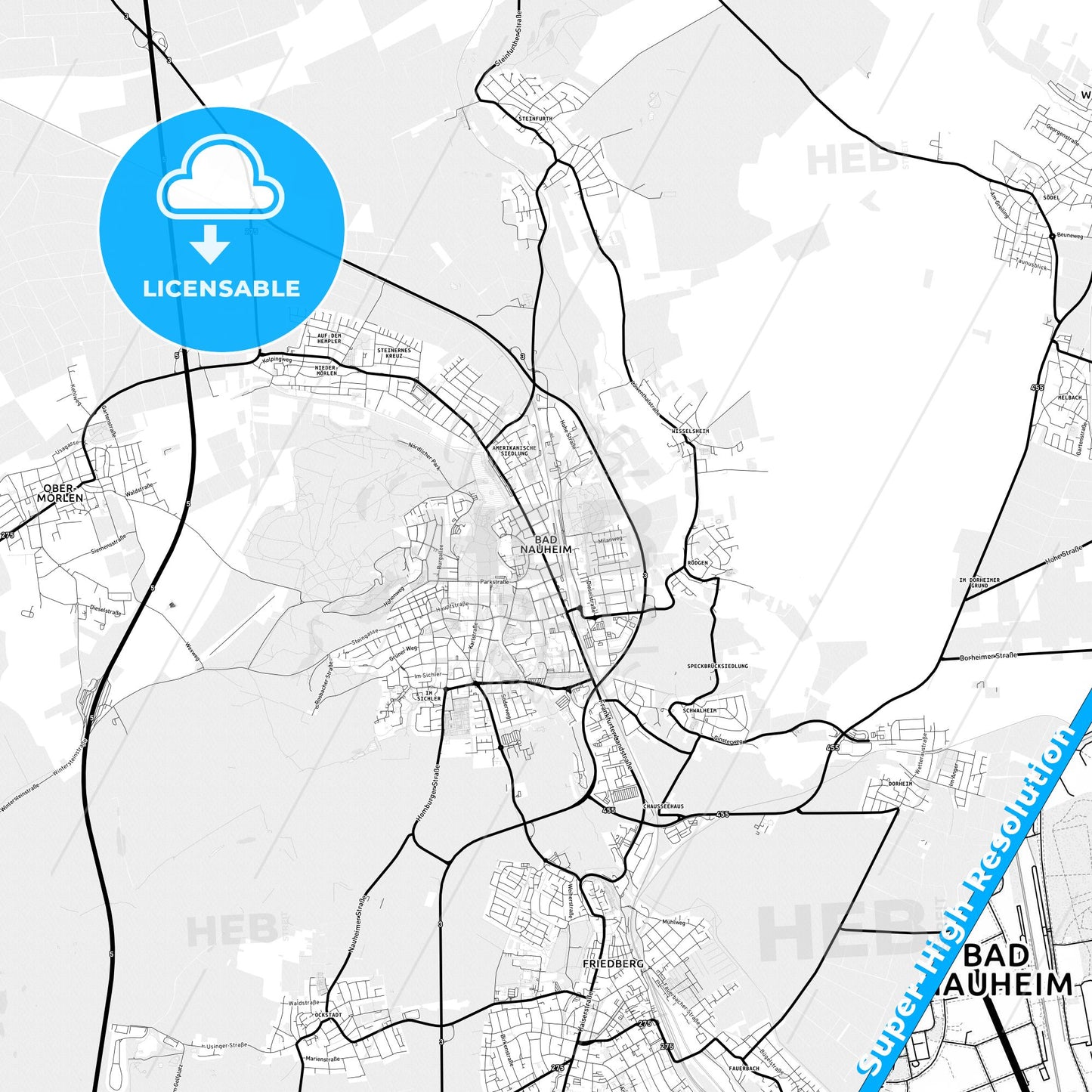Bad Nauheim, Germany Light Map with Street Names, City Names, and Districts