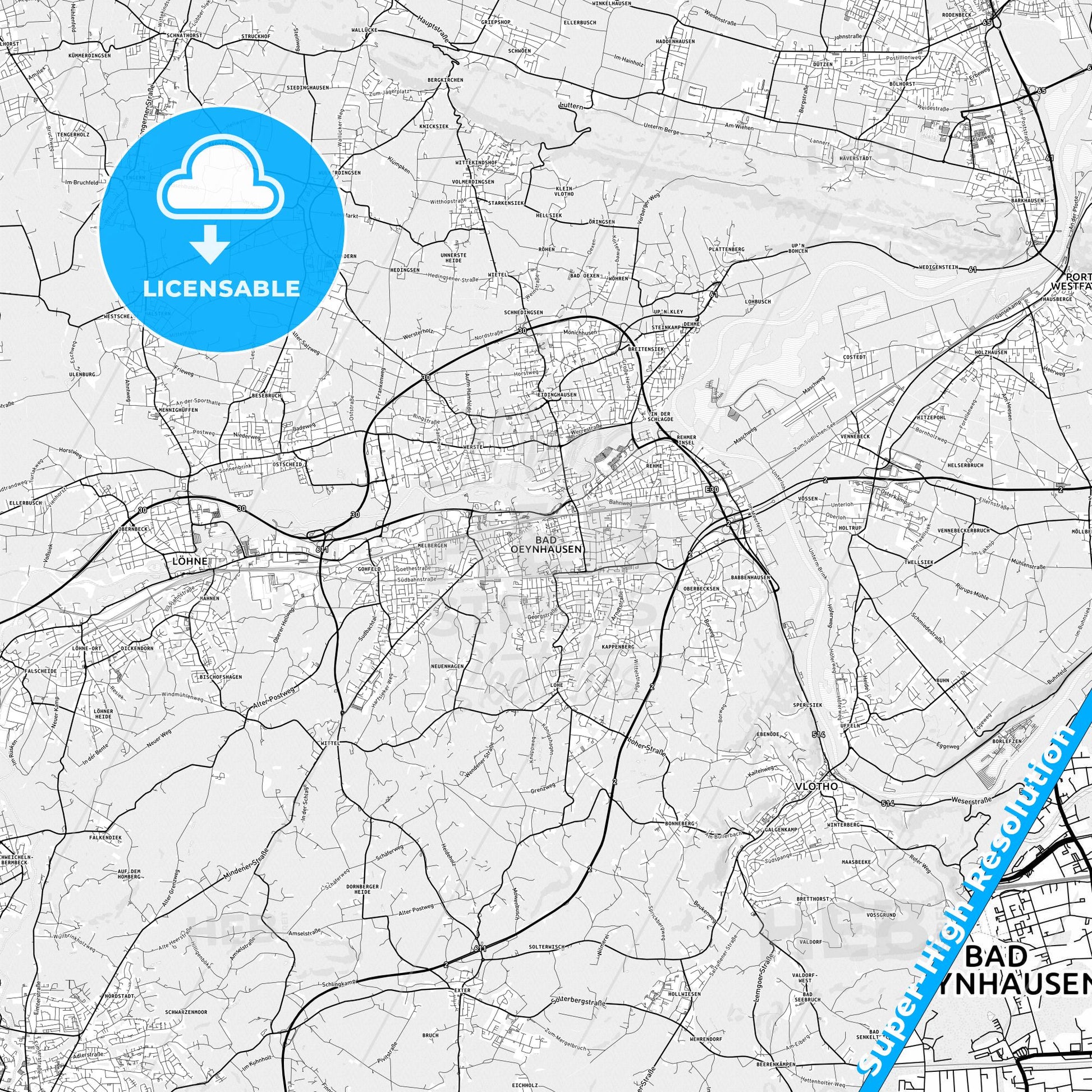Bad Oeynhausen, Germany light map with streetnames, citynames and districts