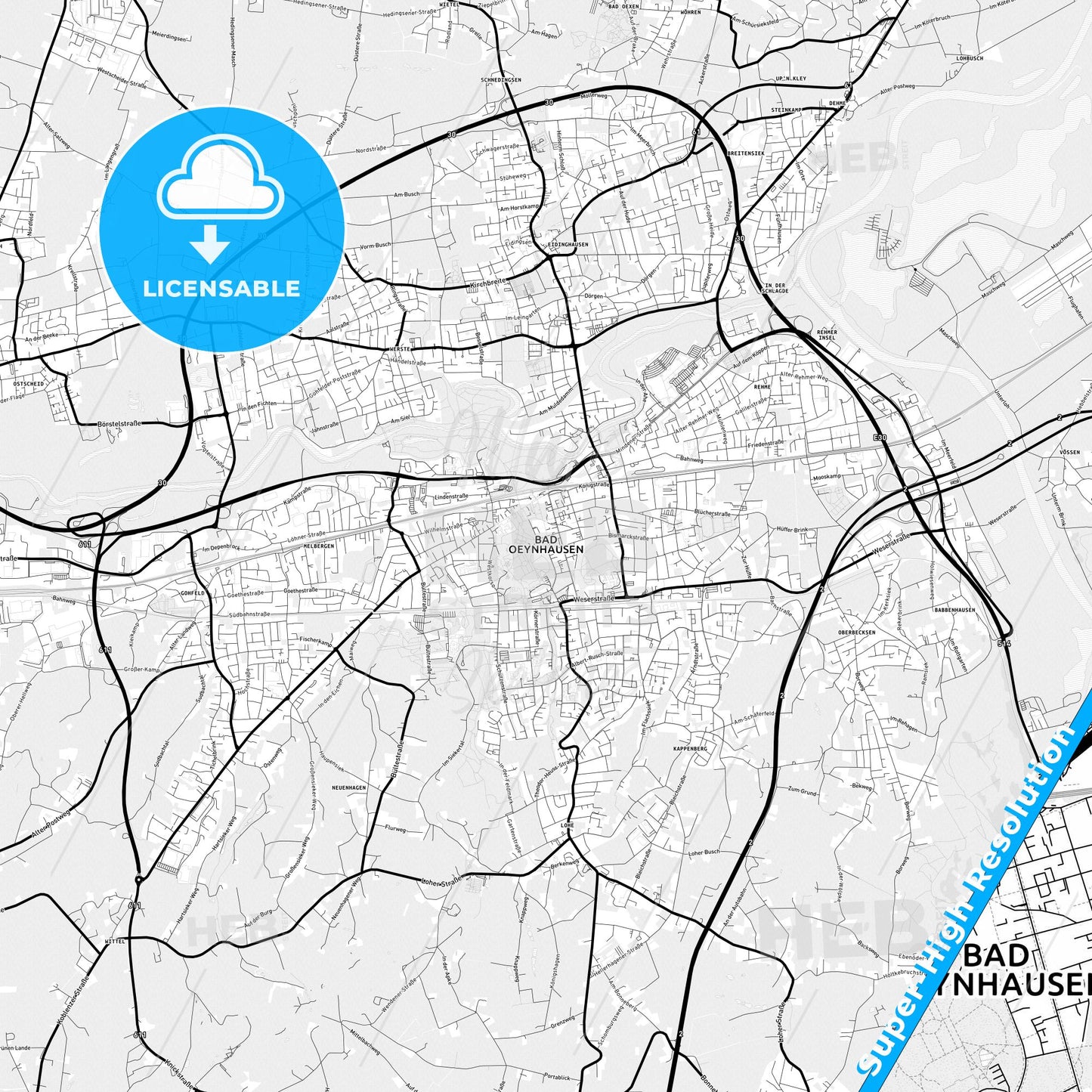 Bad Oeynhausen, Germany Light Map with Street Names, City Names, and Districts