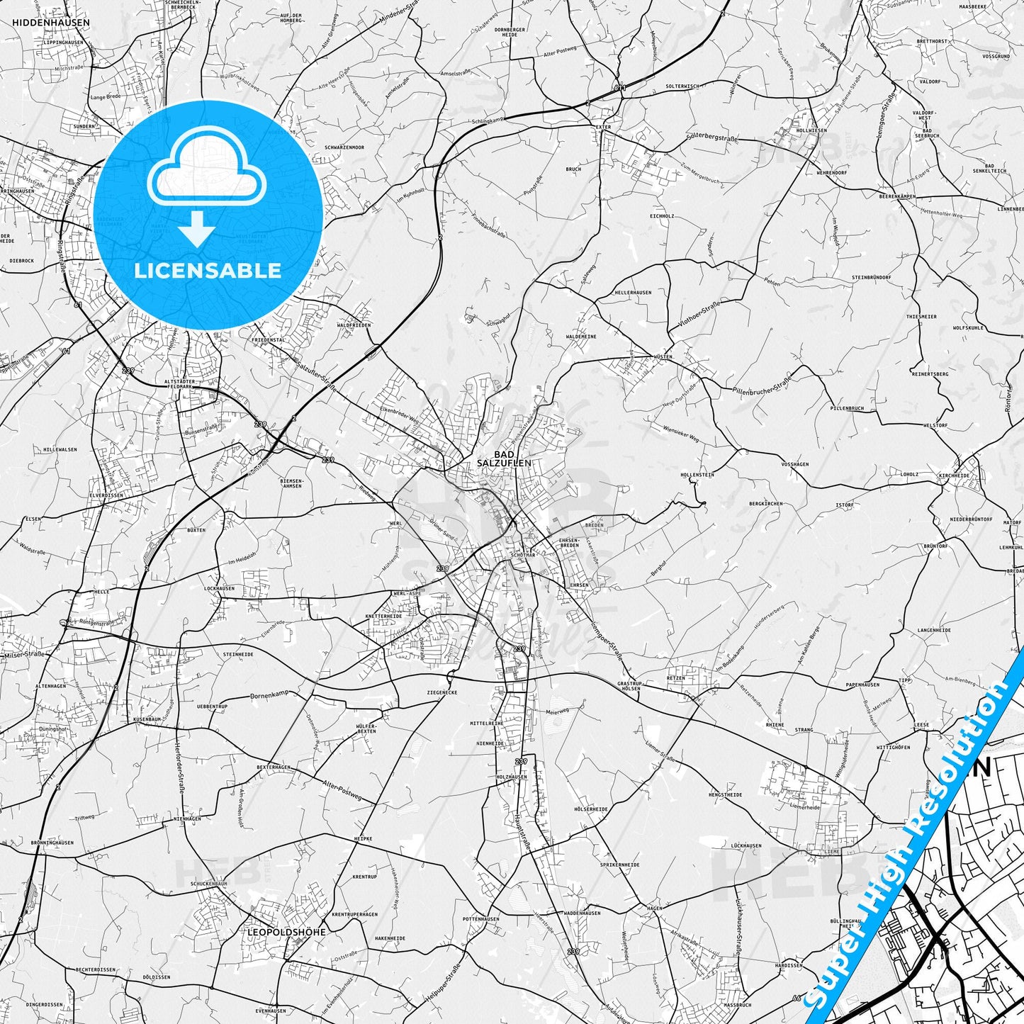 Bad Salzuflen, Germany light map with streetnames, citynames and districts