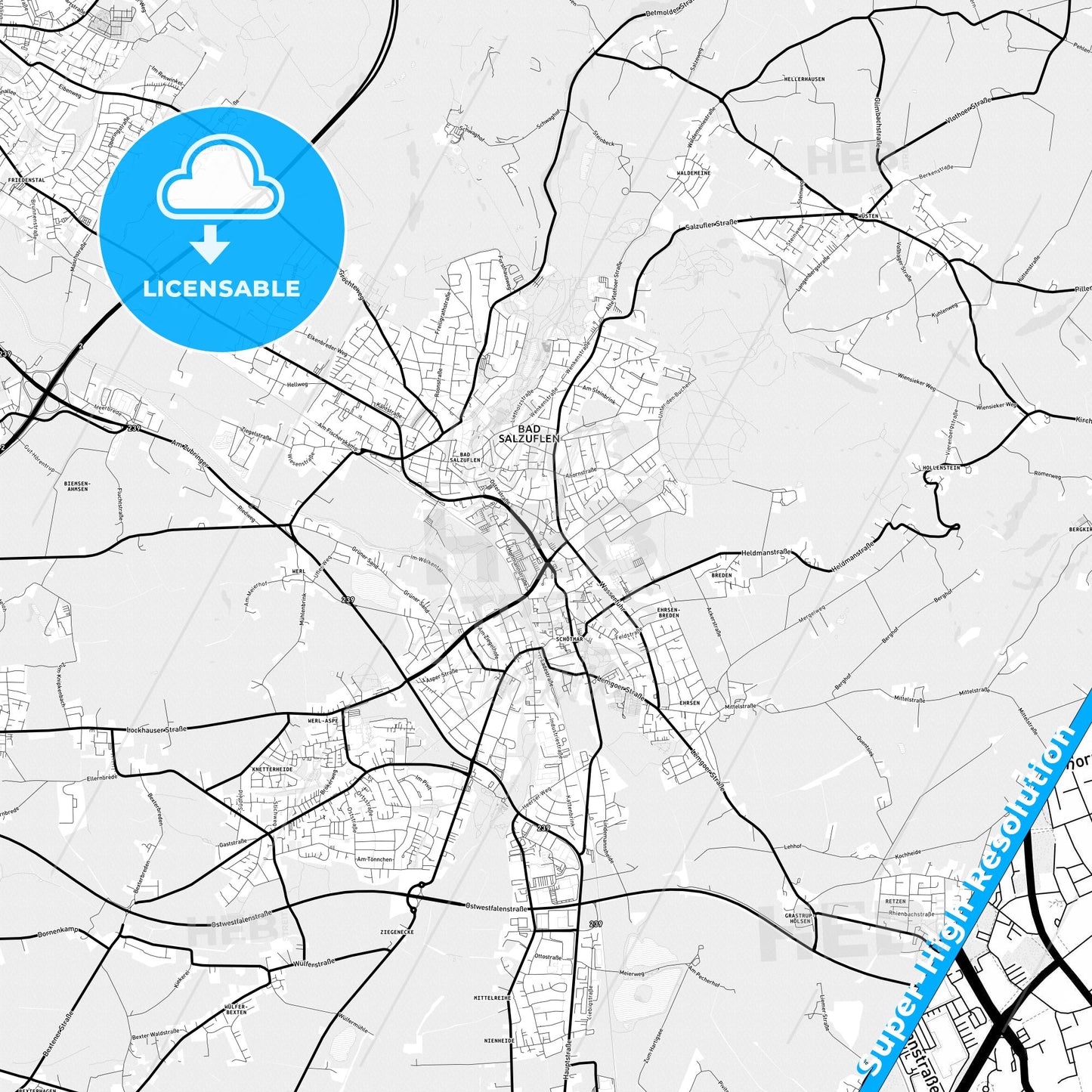 Bad Salzuflen, Germany Light Map with Street Names, City Names, and Districts