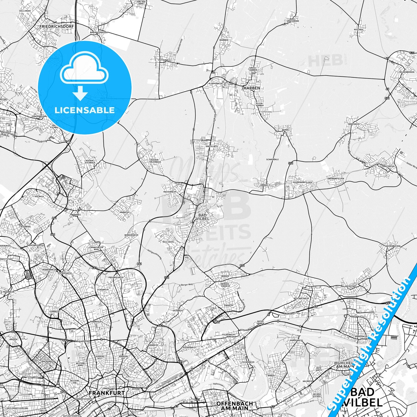 Bad Vilbel, Germany light map with streetnames, citynames and districts