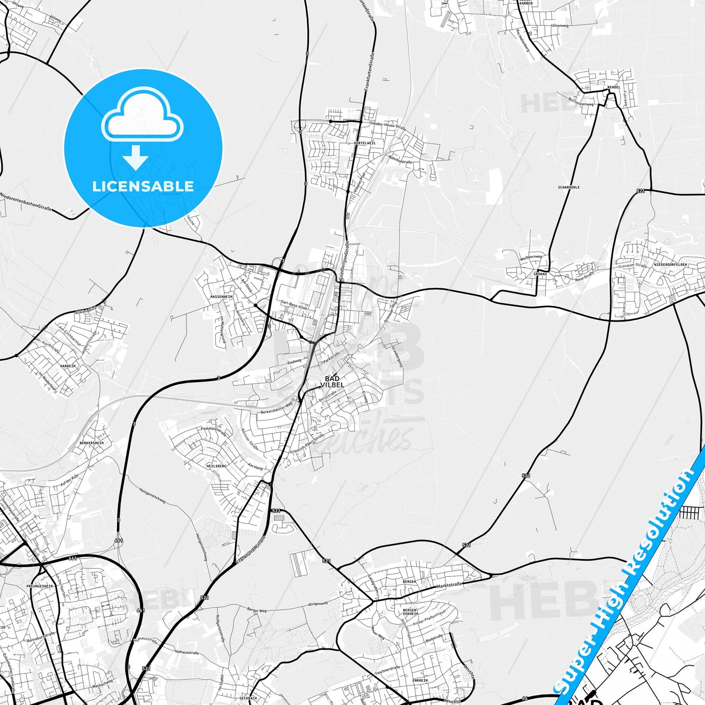 Bad Vilbel, Germany Light Map with Street Names, City Names, and Districts