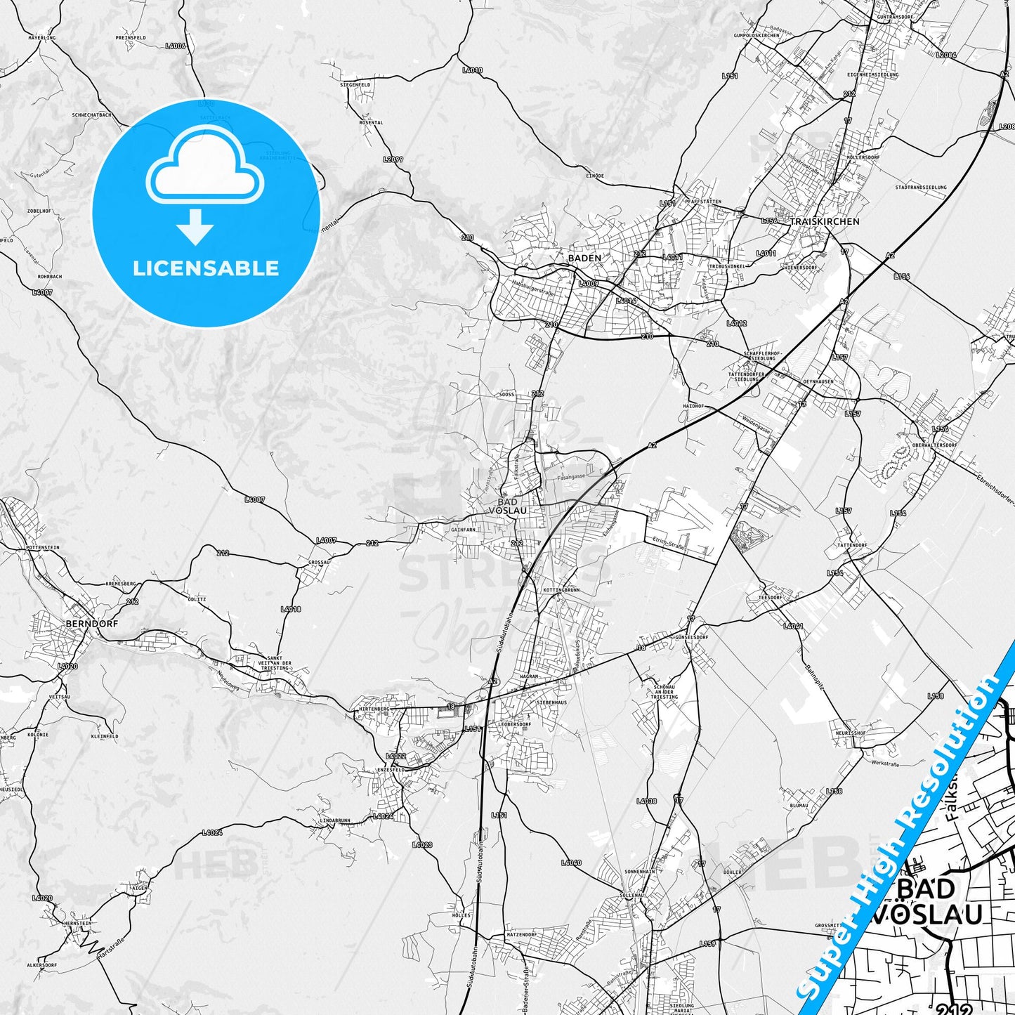Bad Vöslau, Austria light map with streetnames, citynames and districts