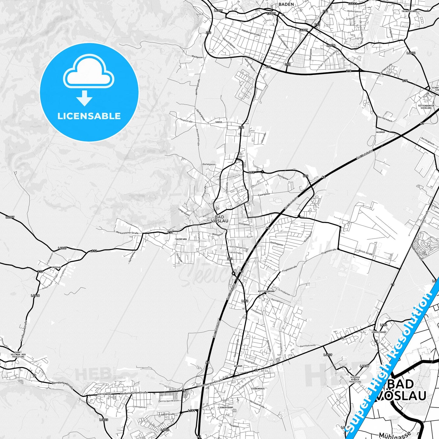 Bad Vöslau, Austria Light Map with Street Names, City Names, and Districts