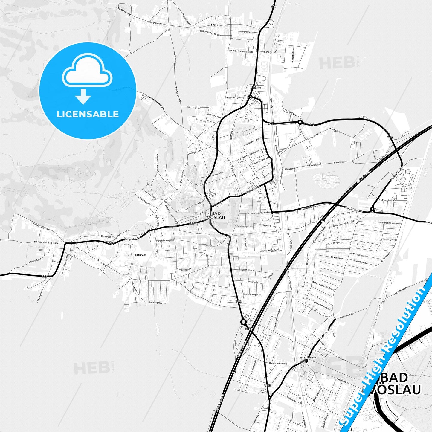 Bad Vöslau, Austria Light Map with Street Names, City Names, and Districts