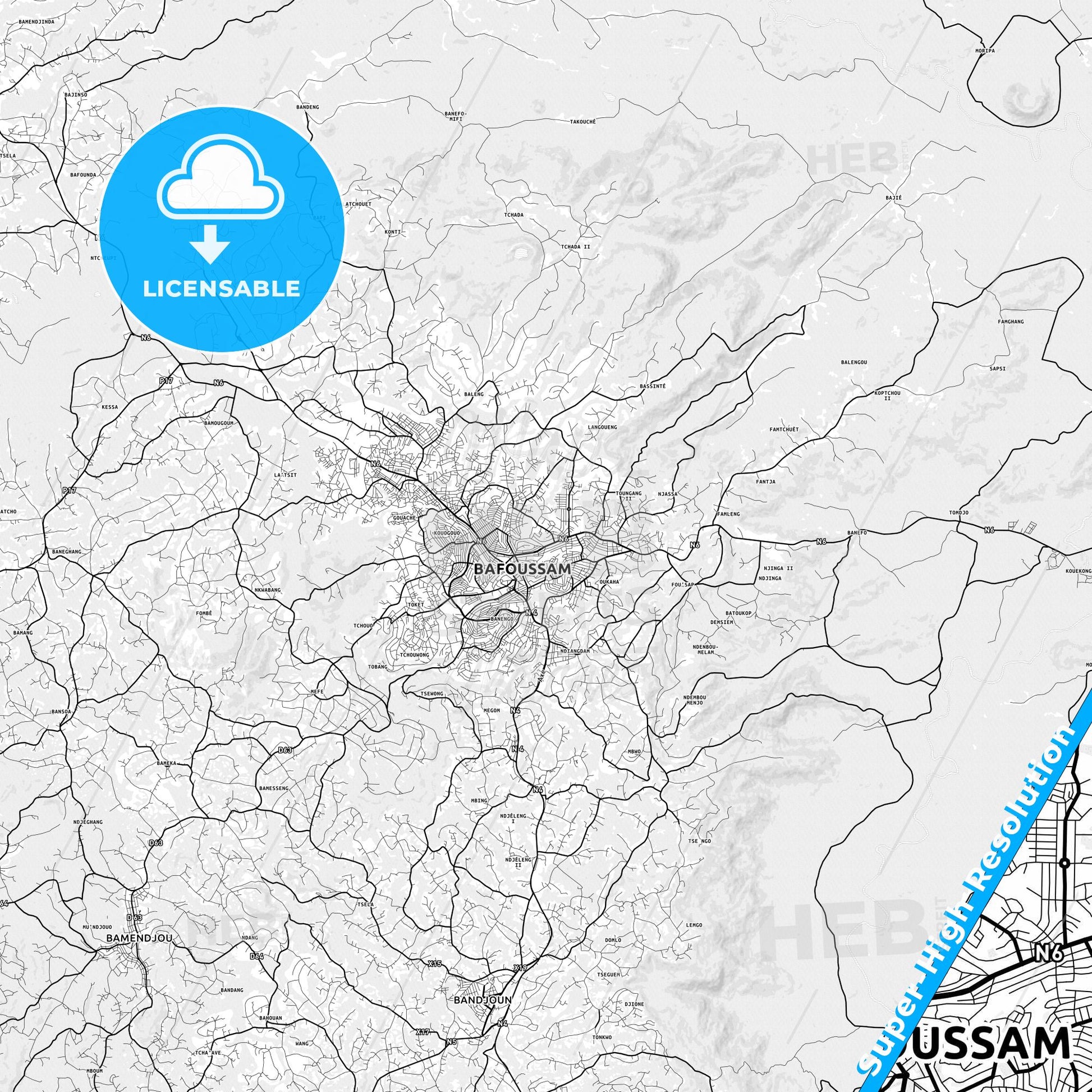 Bafoussam, Cameroon light map with streetnames, citynames and districts